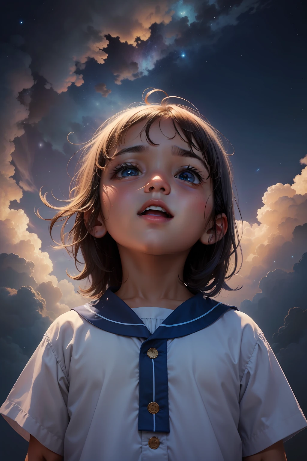 , sonhos, Looking Up The Sky, cores coloridas, estrelas, melhor qualidade, olhos azul, estilo de roupa simples, feliz