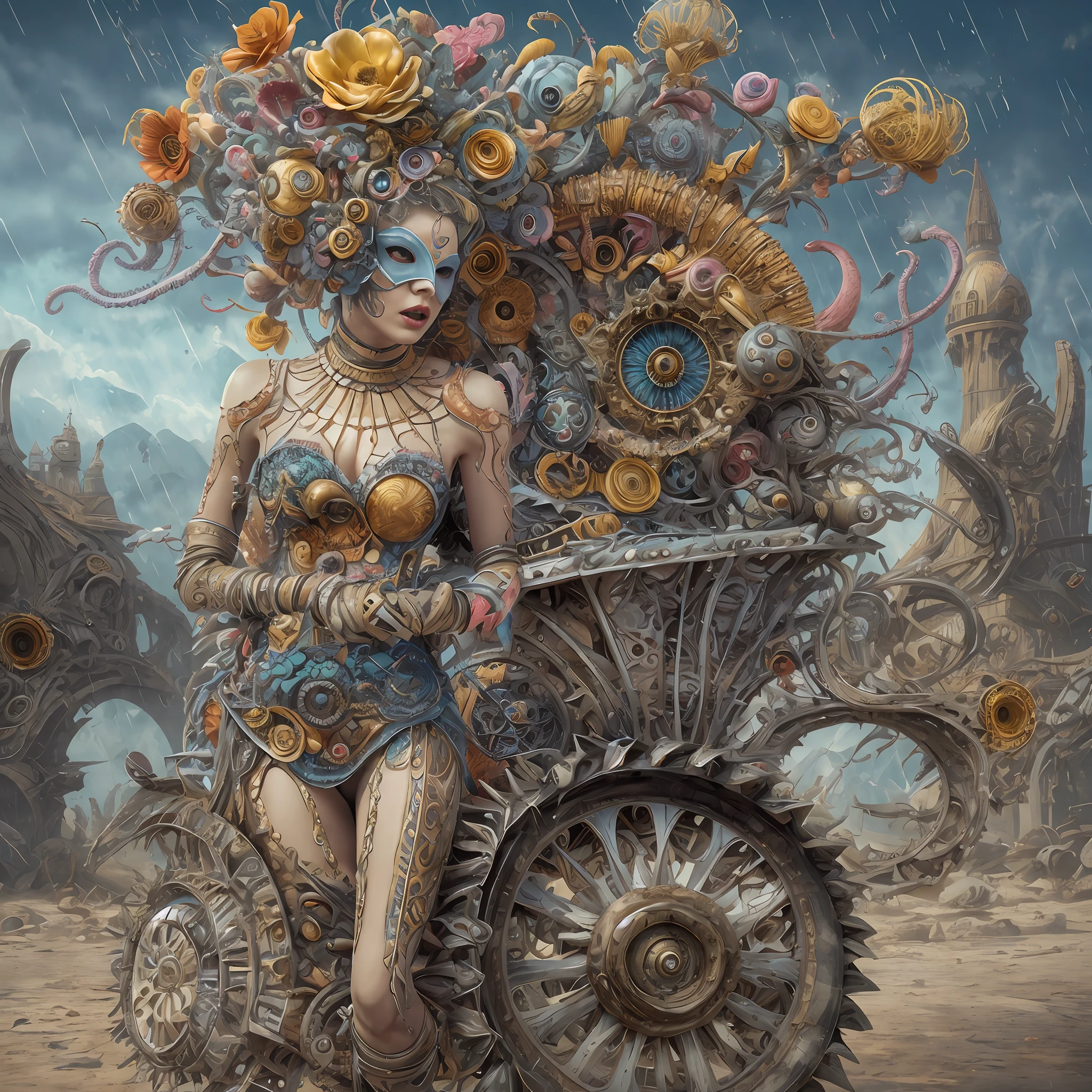 Wantz monster design,intriguing,High color saturation,swirles,Hyper-realistic, Ultra-detailed,Ultra-stereoscopic,MuCoi,Drip style - paint - 1900,tentaculata,round eye,Digital art by Ray Caesar and Hannah Hch and Stephen Burrows, A beautiful young woman in action pose, centered in frame, Wide shot, Lively breasts, Mask, Pop surrealism, neo-dada, Spectacular, spectacle, Masterpiece, Private collection, Featured collections, behans, a 3D render, Cracked clay, Gothic, Bright colors, Supersaturation, Depth, spirals, fibonacci sequence, shells, Flowers, gear wheel, tunnel, surreal environment, Fractal geometry, game assets, City scene, Modern makeup, Long eyelashes, Rain drops, Chiffon dress, Rococo, bangle, Punk rock, Subversive art, Dirty, Dirt, Skiff, Mid-cut jeans, Specular highlights, Pondering, ambient occlusion render, Detailed, Parade Square, ((isoline)), armature, Detailed, elaborate, complex, Desert, Mountains, Cart, The Car, Stormy sky, Moonlight