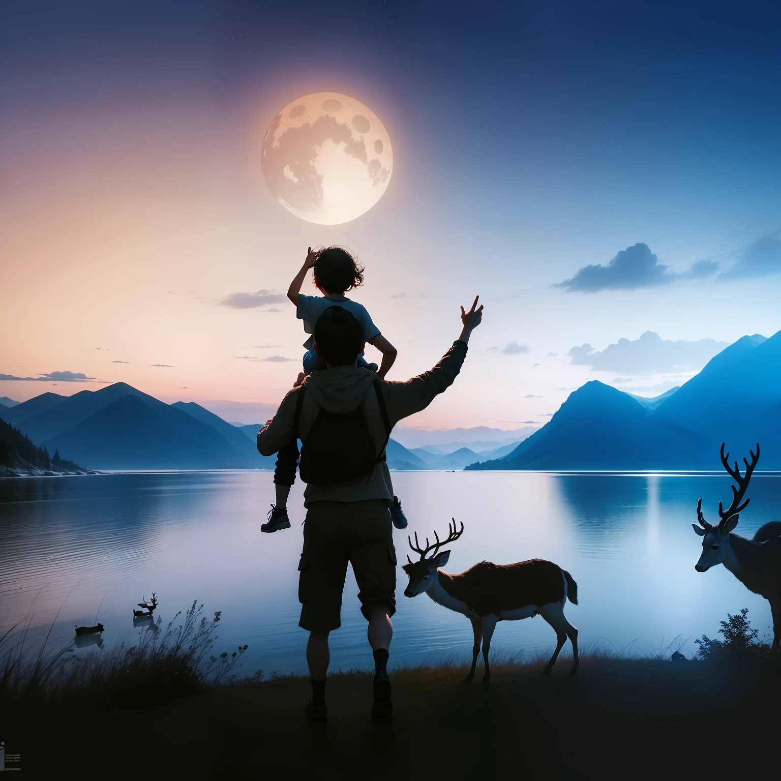 A man carries a little girl on his back and points to the moon by the sea in the mountains and a deer beside them