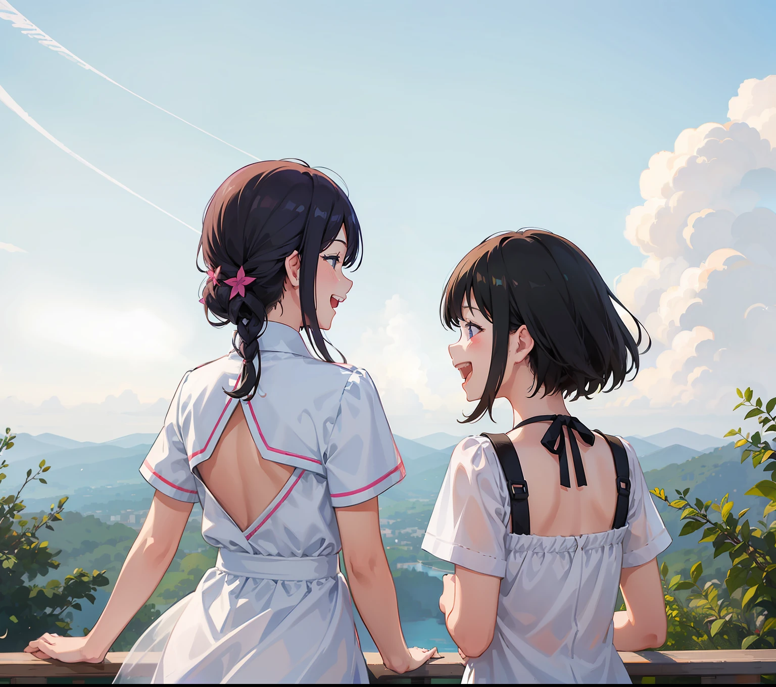 Two girls,2girls,laughing,happy,from_back_view,landscape,happy_atmosphere