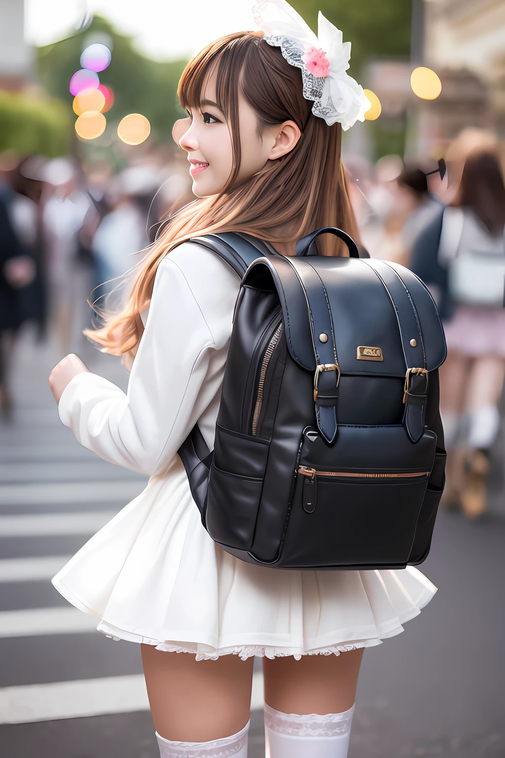 1 girl, solo, (realistic: 1.1), (realistic: 1.1), (masterpiece: 1.1), (best quality: 1.1), super detailed, looking at the audience, smiling, sweet_ta, standing, natural lighting, depth of field, (pureerosface_v1:0.8), amusement park in background, pink Loliiniskirt, white stockings, white tights with flower pattern, white stockings, Lolita mkirt, walk-away, holding travel backpack, hands on backpack