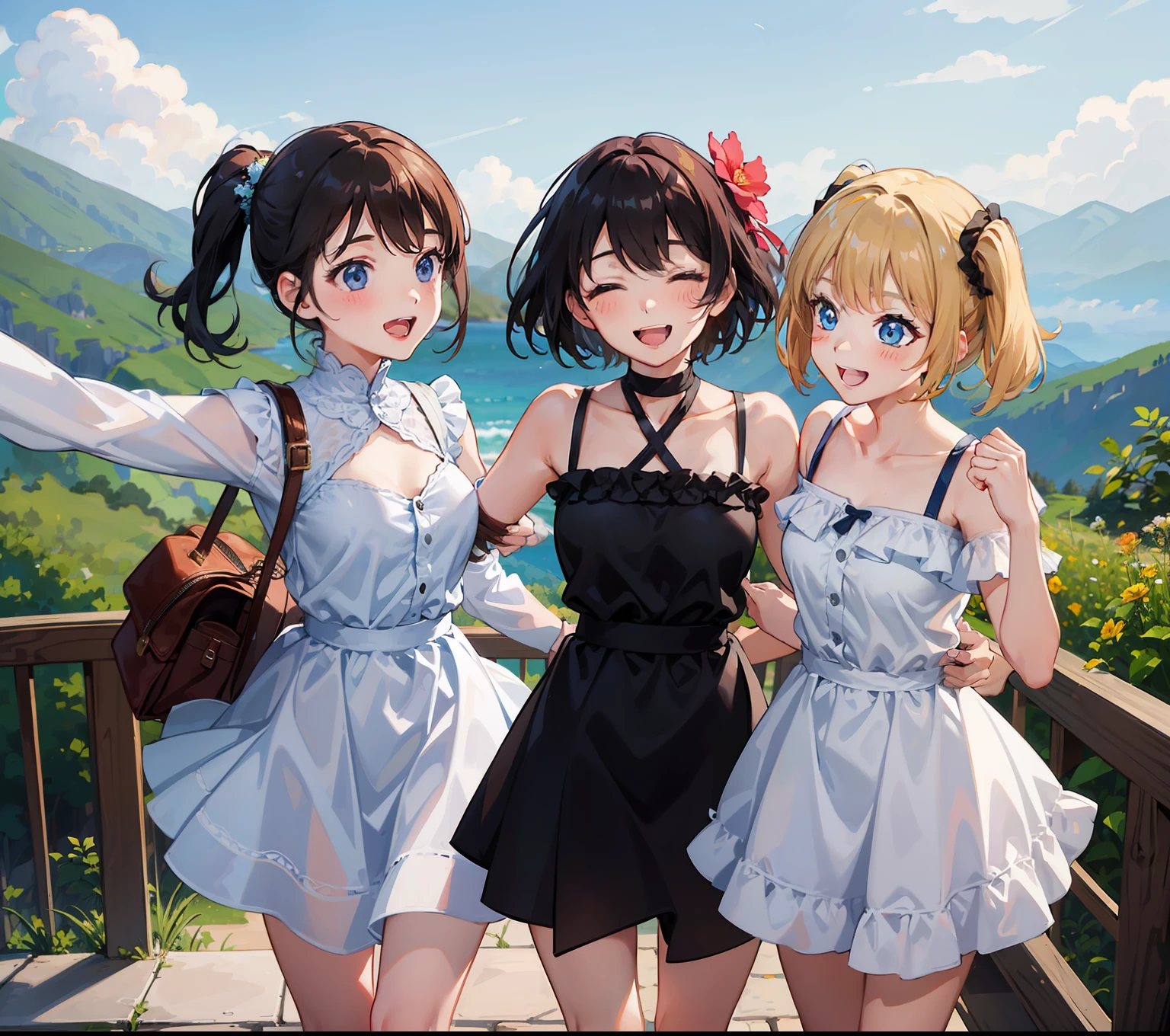 Two girls,2girls,laughing,happy,from_back_view,landscape,happy_atmosphere