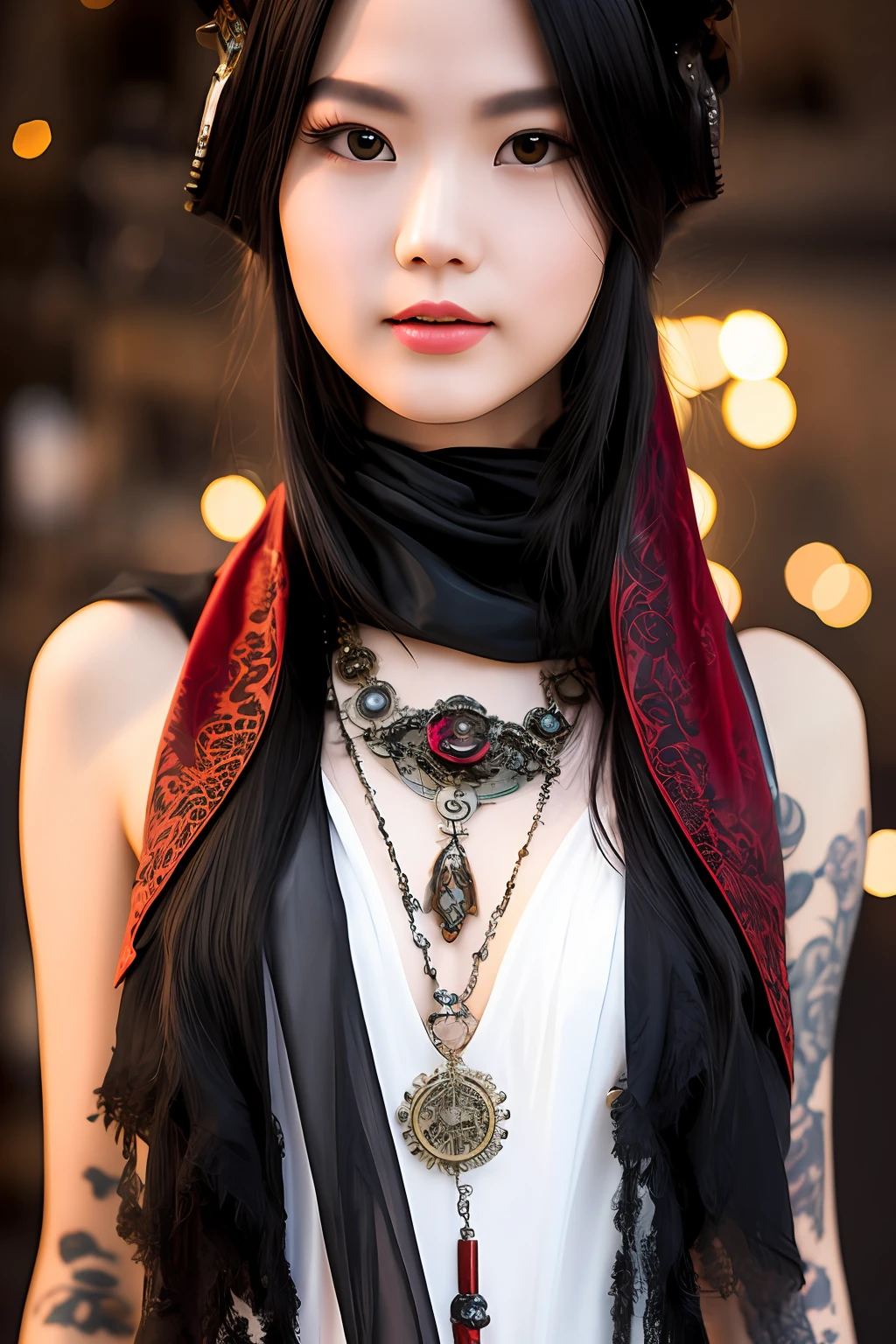 Steampunk girl at the party,(White cut top:1.2),D胸,Black and blue leather,Tattooed with,super-fine,ultrasharp,Long red shawl hair,2k,(The is very detailed:1.5),fully body photo, 5 megapixels,Canon EOS R3,Delicate skin,paleskin