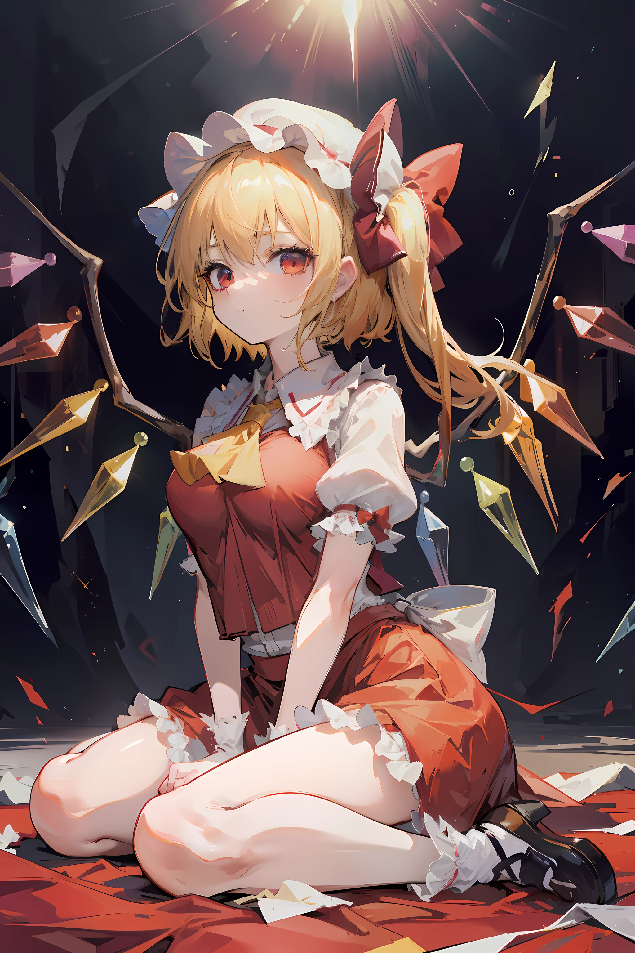 (masterpiece),best quality, expressive eyes, perfect face, 1girl,
big breast, H-cup, good breast, beautiful, gorgeous,anime,girl,lora, floating clothes, tent chest ,
 nipple visible  though clothes,flandre scarlet,
1girl,blonde hair,mob cap,hair bow,bowtie,side ponytail,wings,short sleeves,vest,ascot,1wings,1 pair of wings,W sitting, w sitting on ground, legs on ground, arms between legs, both arms between, hands between thighs