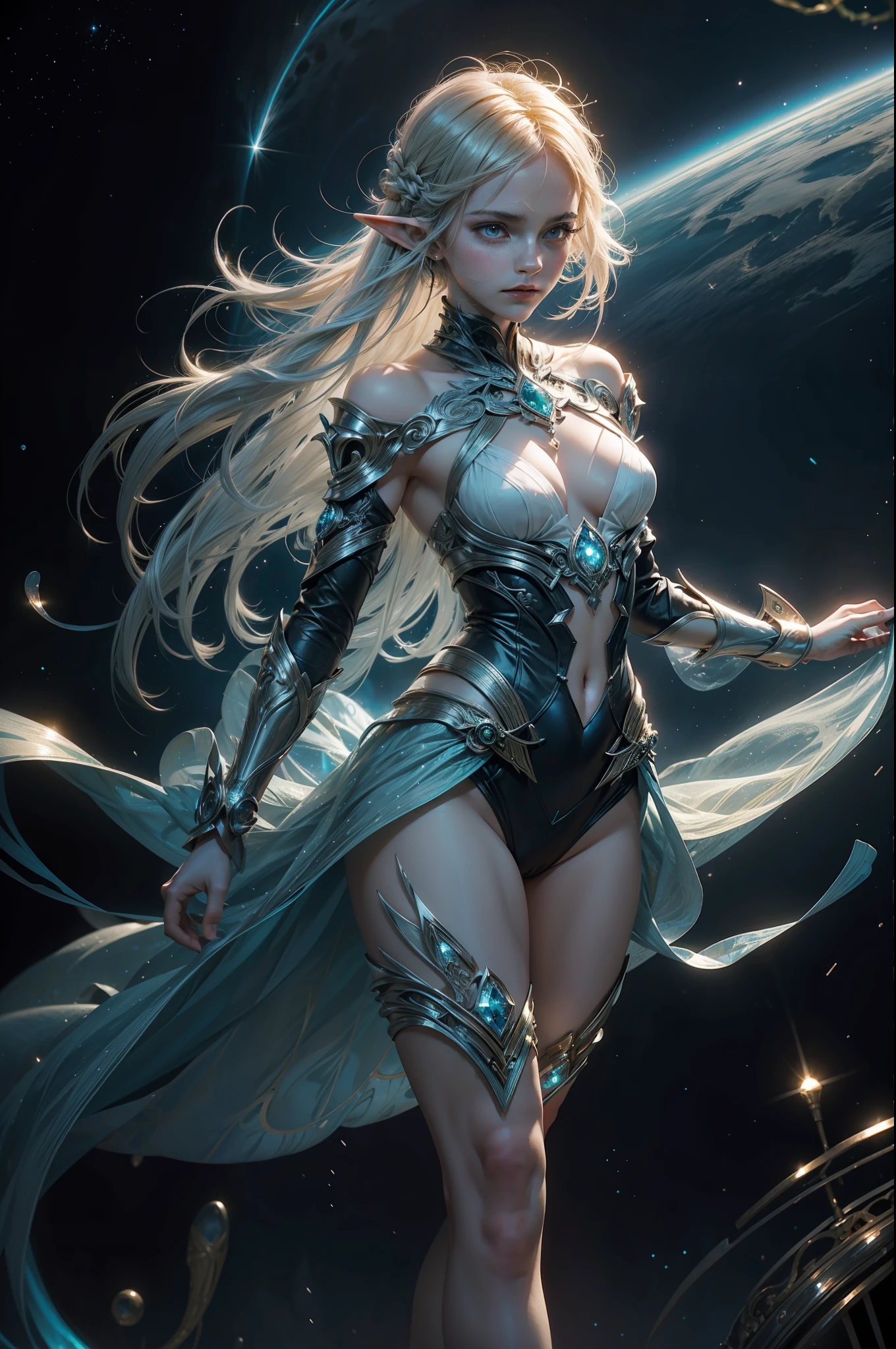 Teen emma watson as an elf girl. With skin as porcelain as the moon's soft glow, her ethereal beauty is accentuated by an iridescent undertone that shimmers like a holographic display. Her elven heritage is evident in her lithe and graceful form, a testament to the seamless blend of nature's elegance and futuristic innovation. long, flowing hair cascades like a waterfall of stardust, each strand seemingly infused with a faint, pulsating light that changes hues with her emotions. A neural-link circlet rests upon her brow, adorned with delicate, intertwining vines of luminescent crystals that respond to her thoughts, casting an ever-changing aura around her.

Her attire, a fusion of elven craftsmanship and technological ingenuity, consists of a bodysuit that adapts to her body's movements. Embedded within the fabric are nanoscale circuits that respond to her commands, creating intricate patterns of light that dance across the surface like a symphony of fireflies. A translucent cloak, reminiscent of gossamer wings, billows behind her, mimicking the fluidity of a solar wind.

Seraphina's eyes, the windows to her enigmatic soul, possess an otherworldly gleam. Pupils that dilate into swirling pools of stardust allow her to perceive the ebb and flow of magical currents and quantum energies. A subtle neural implant beneath her left earlobe grants her the ability to interface with Aeloria's intricate information network, accessing a wealth of knowledge and insights that transcend time and space.

Around her wrists and ankles, delicate yet potent energy bands pulse with a rhythmic hum. These bands are not mere adornments; they harness her innate magical abilities and channel them through crystalline conduits, allowing her to weave spells with a mere thought. When she conjures her spells, tendrils of light and energy dance along her fingertips, tracing intricate sigils that dissolve into the air, casting mesmerizing illusions or manipulating matter itself.