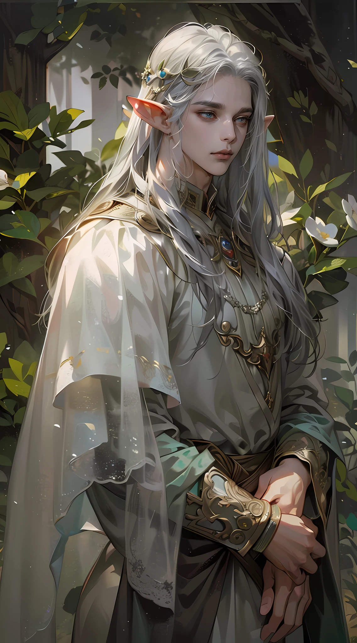 (tmasterpiece, high resolution, ultra - detailed:1.0), (1 boy, Young male:1.3), Perfect male body, (Elf King:1.3), Adult male, Delicate eyes and delicate face, Extremely detailed CG, 8K wallpaper, Complicated details, solo person, Detailed face, (Sprite theme:1.2), (half closed eyes, Silver eyes, Eyes looking at the camera, Handsome face, sliver long hair, Silver silk robe, jewelry, River canopy, Show forehead), Elf costumes, forest,  Flowers and trees, Natural light and shadow, color difference, Depth of field, dramatic shadow, Ray tracing, Best quality, Cinematic lighting, offcial art, Portrait