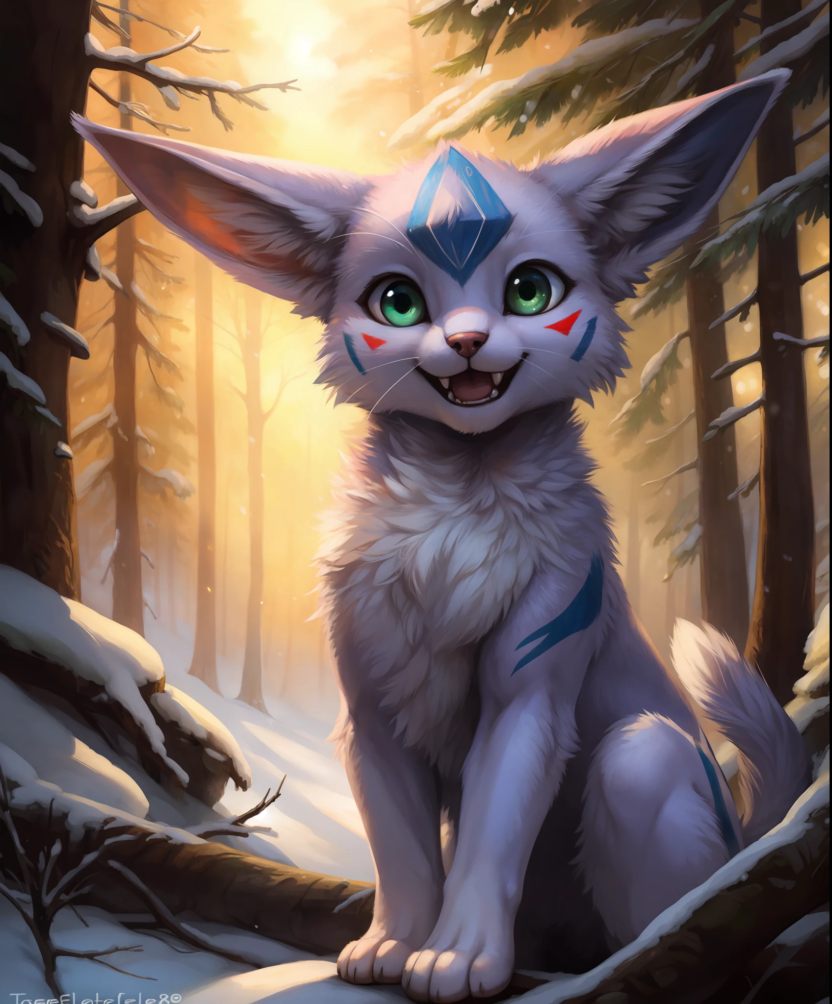 by Kenket, by Totesfleisch8, (by Thebigslick, By Silverfox5213:0.8), (by Syuro, By_paloma-paloma:0.8),, BREAK
solo, [espeon|glaceon|glaceon|espeon], ambiguous gender, feral, standing, looking at viewer, smile, open smile, green eyes, happy, bodypaint BREAK
detailed background, snow, forest, firefly