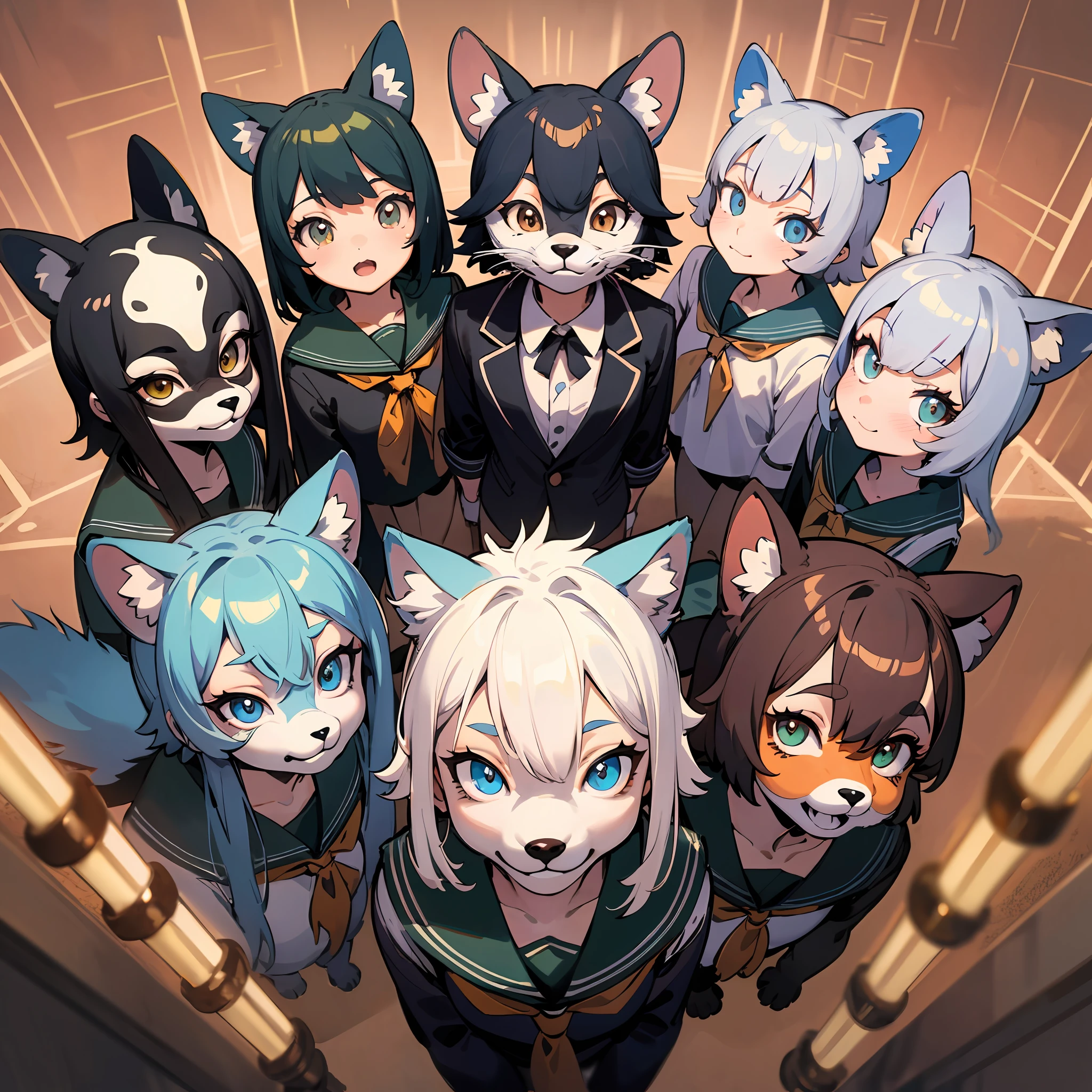 dynamic angle, top quality, best quality, High-quality illustrations, masterpiece, super high resolution, detailed background, detailed background, School Graduation Ceremony, group shot:0.1, 6+boys, 6+girls, absurdres(highly detailed beautiful face and eyes)perfect anatomy, expression, good lighting, cinematic shadow(kemono, furry anthro),