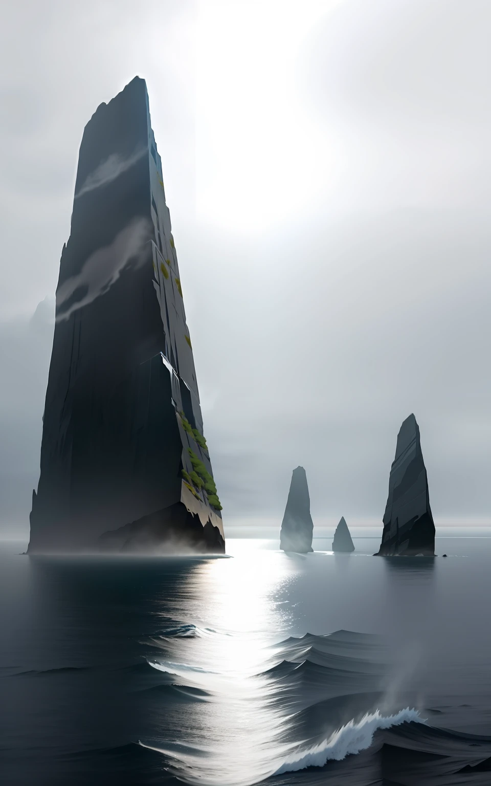 two huge rocks in the middle of the ocean, they are parallel like a gate, and there is dense fog around, no sunlight