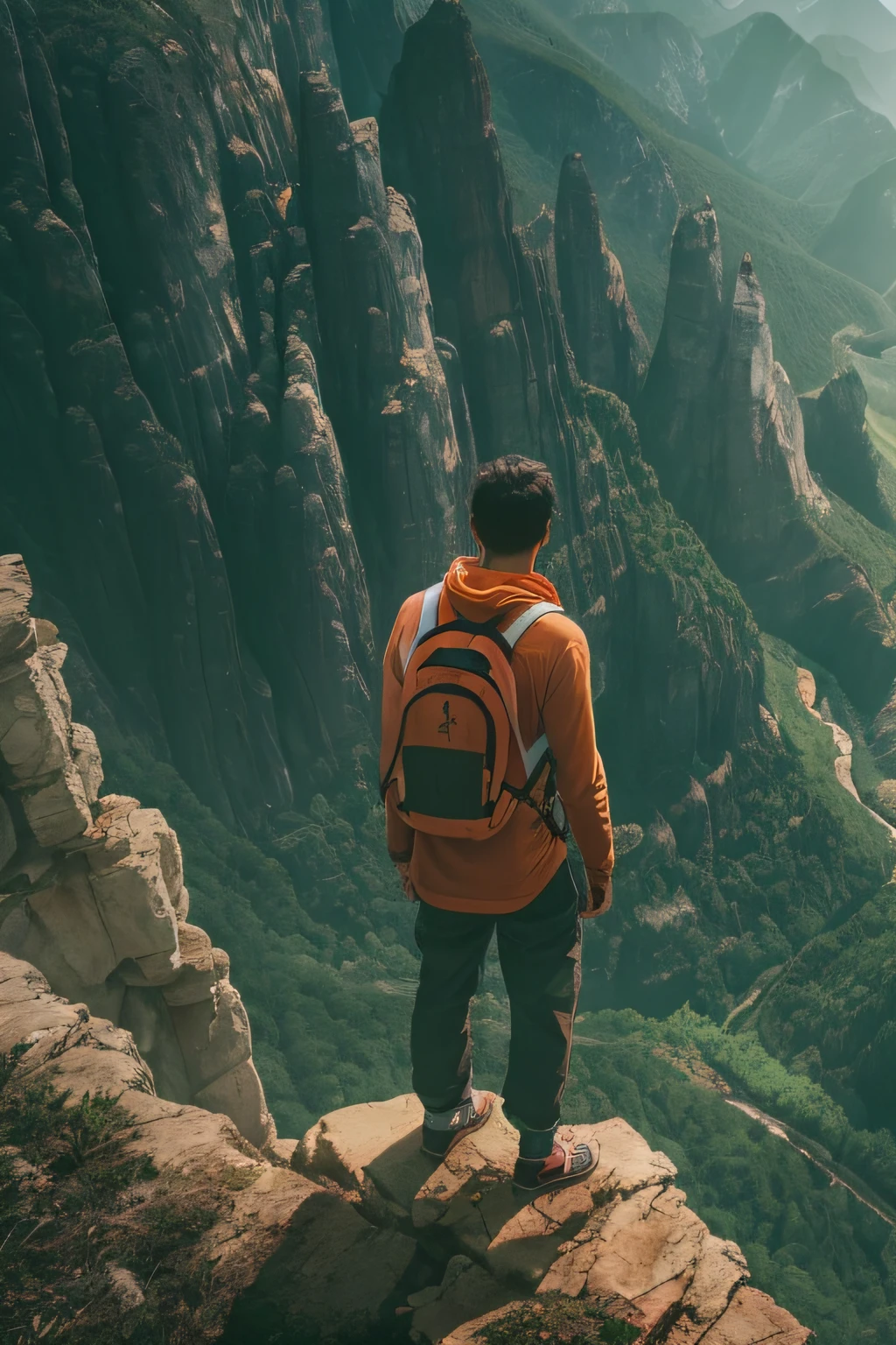 A person stands on the edge of a cliff, anxiety evident in their clenched fists and furrowed brow. The fear of heights is palpable as they gaze down at the vast expanse below. Their heart races, and a bead of sweat drips from their forehead. Surrounding them is a breathtaking landscape of jagged mountains and lush valleys, amplifying the feeling of vulnerability. The wind blows fiercely, adding to the unease. The photograph captures the raw emotion of a person facing their fears head-on, a testament to the strength it takes to confront such anxieties. Photo taken by Nadia Ali with a Sony Alpha 1 and a 24-70mm lens, capturing the raw emotions with dramatic studio lighting and volumetric lighting, intensifying the atmosphere. --v 5 --q 2