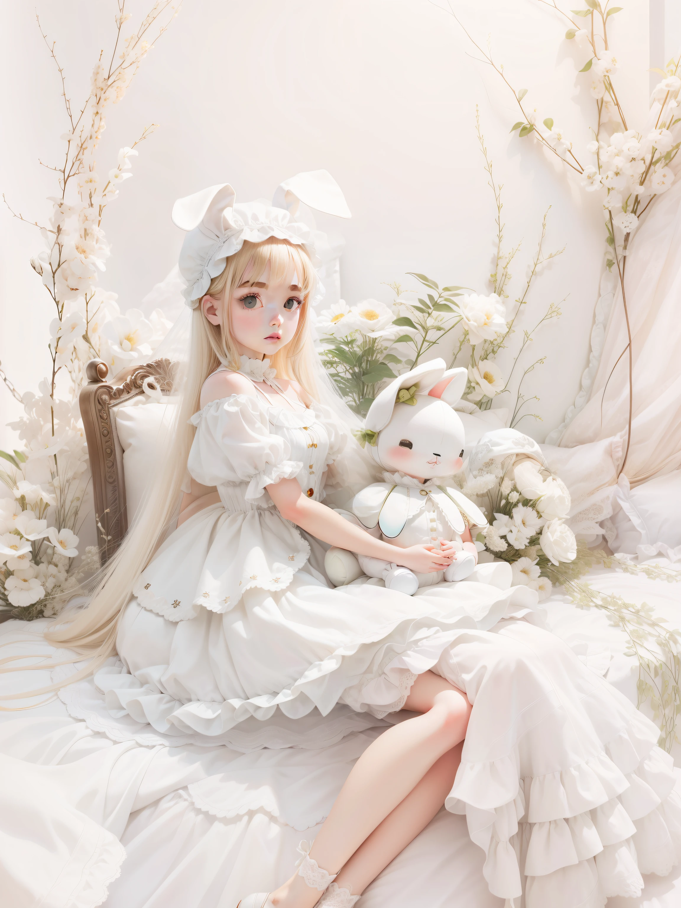 there's a doll that's sitting on a pillow, Branco ( Gato ) garota, boneca pocelain bonito, plush doll, menina do branco, Loli no vestido, pale milky white porcelain skin, Artdoll, cute fumo plush bunny girl, boneca articulada da bola, boneca vintage, porcelana pele branca, Capturado na Canon EOS R 6, Nico usando um vestido branco