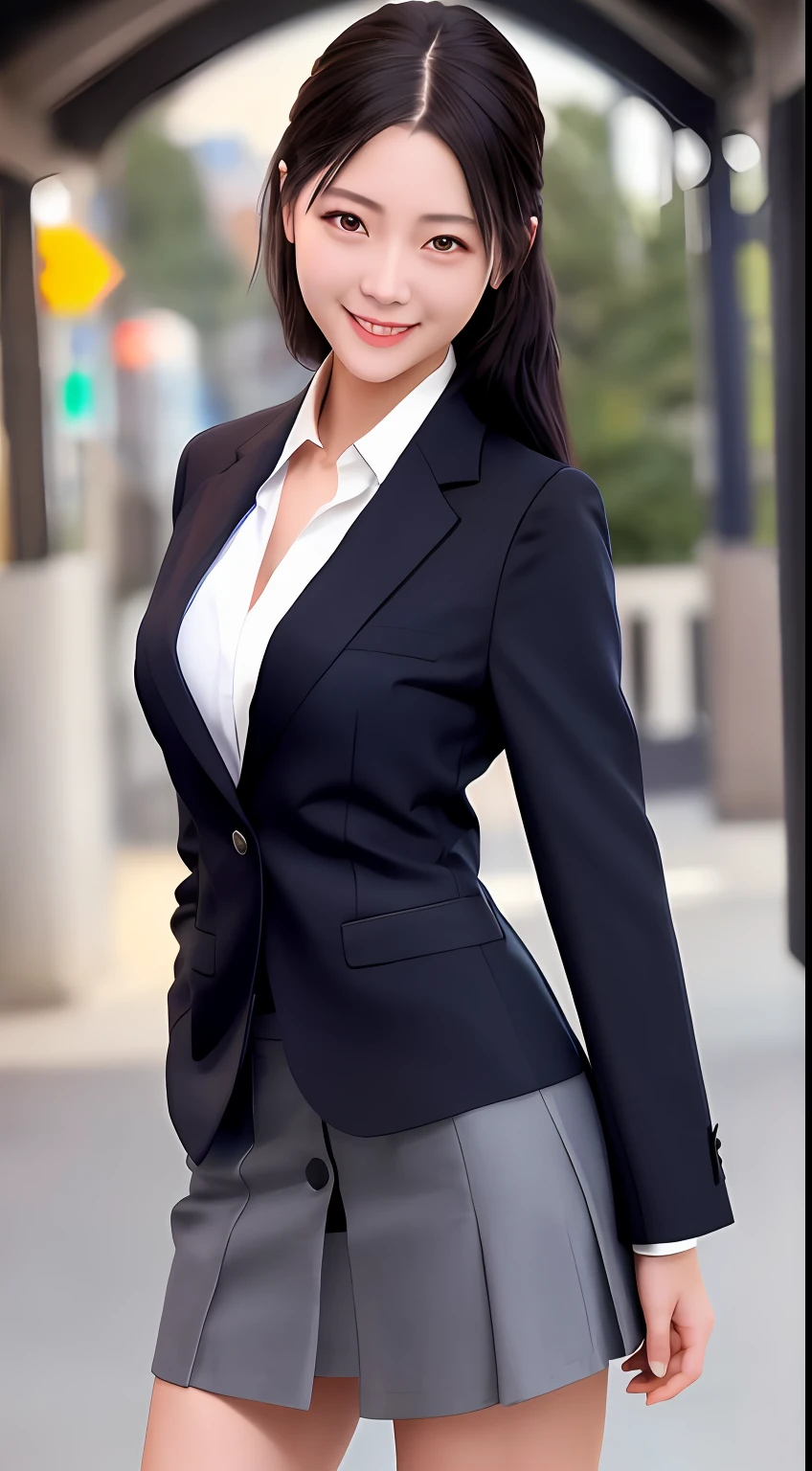 top-quality, masterpiece, 1girl in, beautiful countenance, (photographrealistic:1.3), Rim lighting, (High Detail Skins:1.2), 8K UHD, Digital SLR, hightquality, hight resolution, 4K, 8K, bokeh dof, absurderes, best ratio four finger and one thumb, (realisitic:1.3), pretty 1girl, Wearing a black formal blazer, middlebreasts, a short skirt,japanes、smil