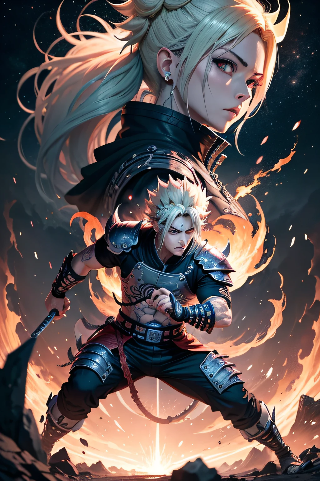 crie uma imagem de um manga, do estilo demons slayer misturado com naruto com tatuagem no estilo realism com cabelo raspado, 3x4 resolution, guerra, outer space, efeito aquarela, 8k, hdr, In an Action Pose 5 Kaidou Fight in Japanese Dragon Form, anime, 8k