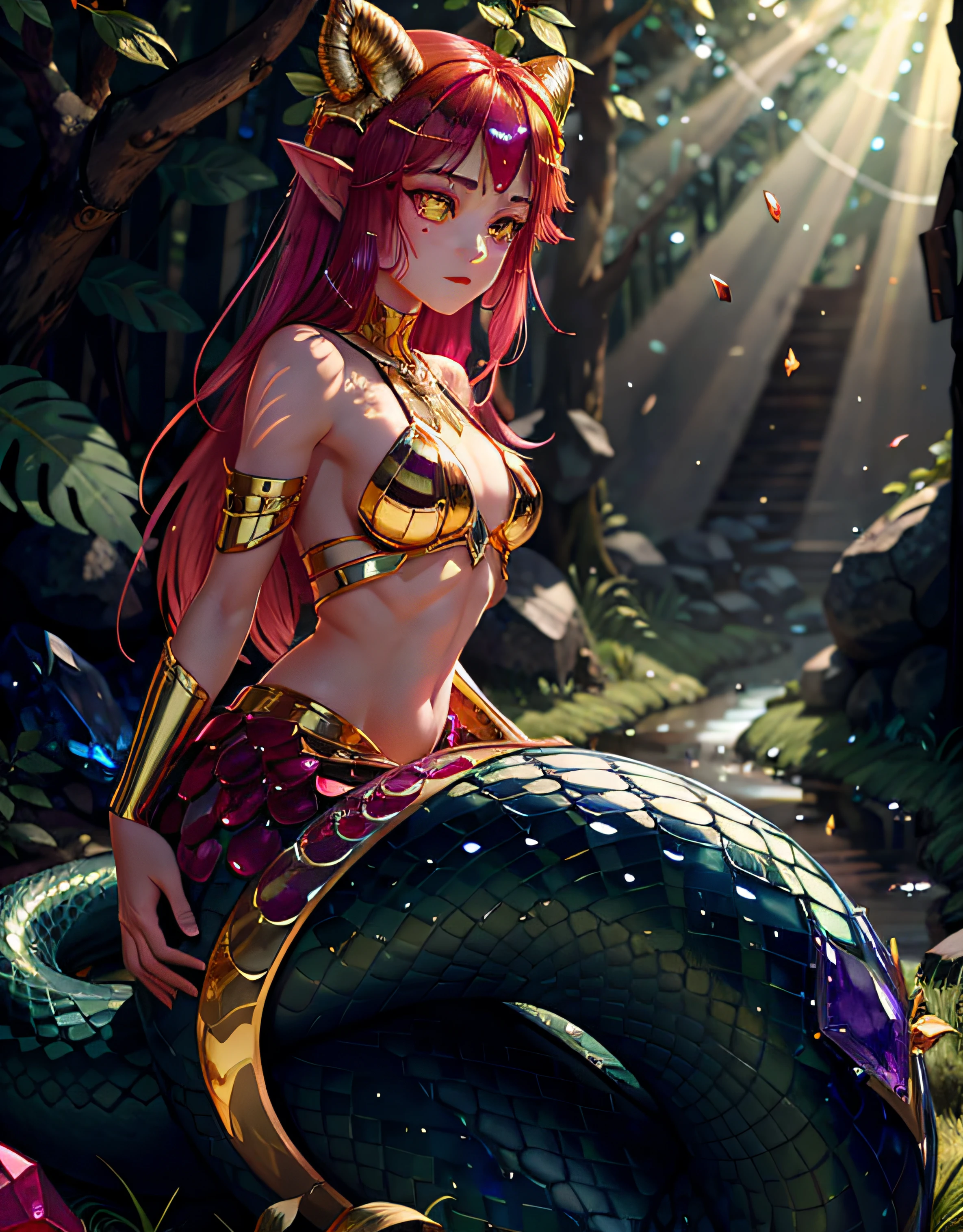 detailed snake skin, (Adult ), solo focus, (lamia), stoic, monster girl, (short horns), beautiful eyes, beautiful background, abandoned cabin, forest, light particles, sun rays, dramatic lighting, outside, grass, leaves, shiny (sapphire, ruby, gold gradient:1.5), realistic, masterpiece, best quality, ultra-detailed, detailed, scenery, beautiful detailed eyes, detailed hair