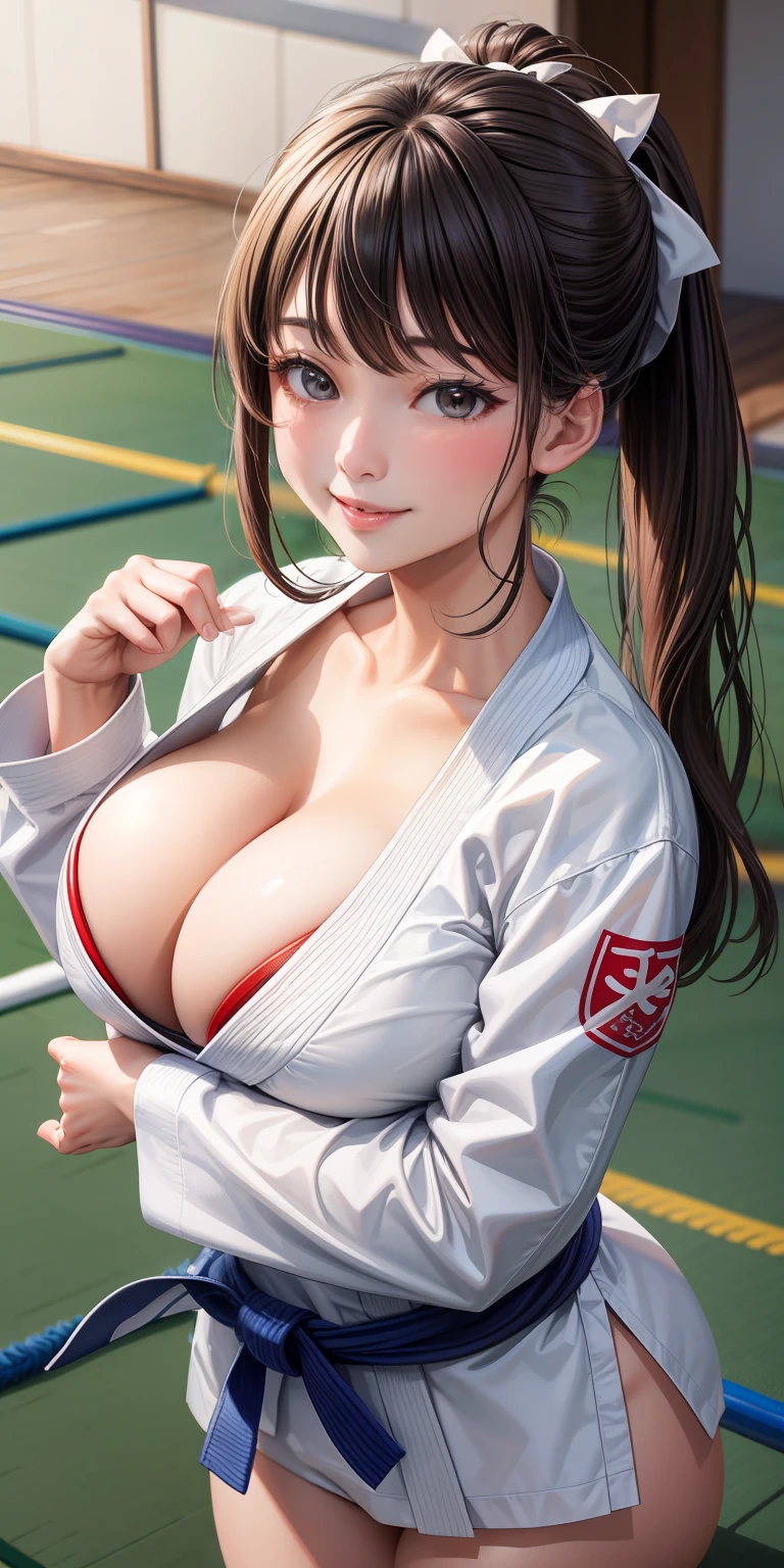 realisticlying、Face Real Real Adult Woman、Wear upper and lower judogi、Cleavage emphasis、judo hall、Smile、A sexy