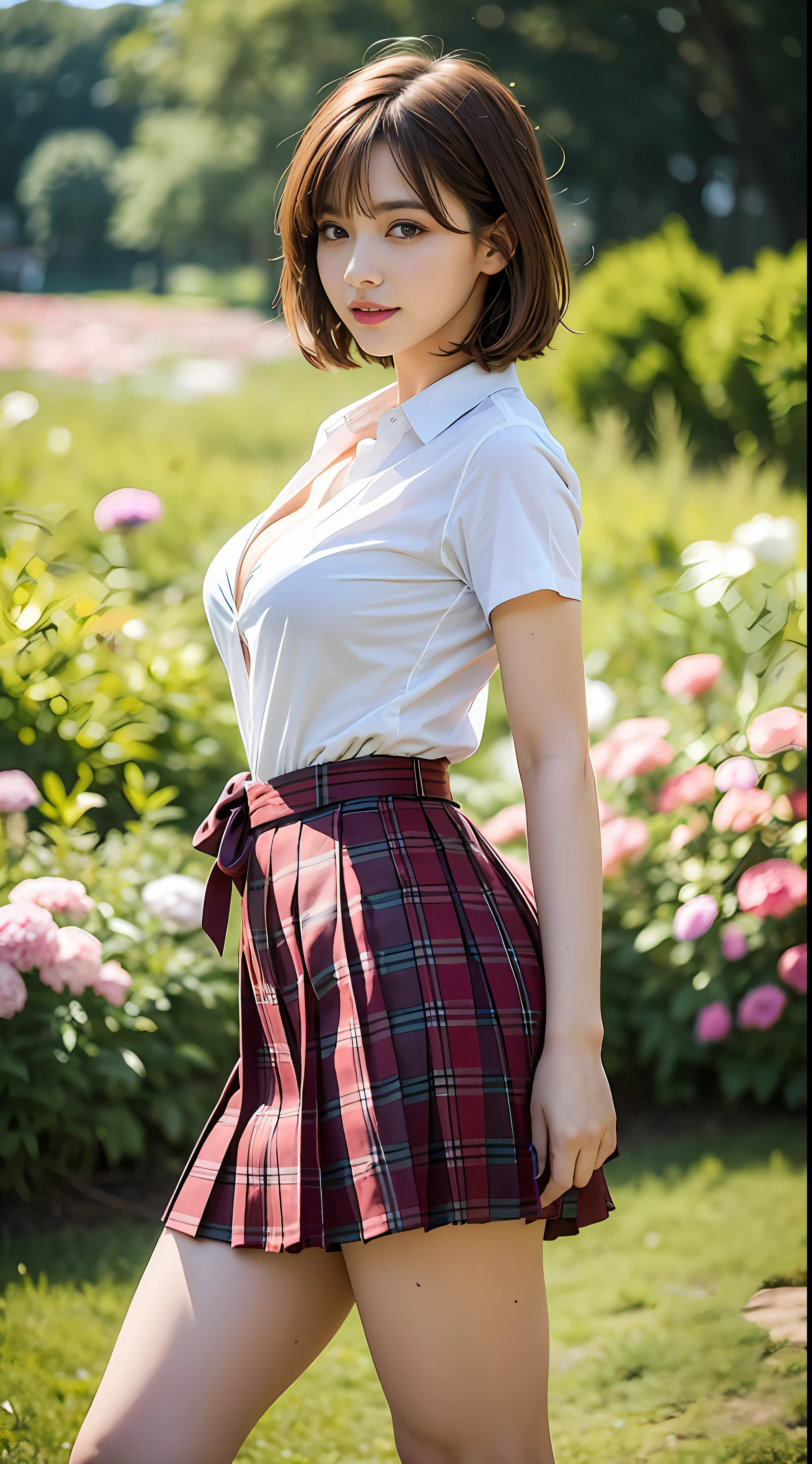 nsfw, 8K raw photo, Best quality, masterpiece, ultra high res, film grain, filmg, 1girl, looking at viewer, natural skin texture, realistic eye and face details, full lips, lipstick, (makeup), red eyeshadow, fluffy short hair, messy hair, smile, close mouth, beautiful legs, tall female, skinny, slim_legs, solo, enormous breast, cleavage, Pose with buttocks facing you, ultra short skirt, ass, shirt, beautiful nature location, around flower location, (detailed background), plaid skirt, white shirt, enormous breast, cleavage, Show a little cleavage through the shirt, loafers, blurry background, blurry, holding, plaid, short sleeves, jk ribbon on the neck, jk ribbon, brown hair, bracelet, water, bangs, school uniform, jewelry, parted lips, lips, from side, pleated skirt, depth of field