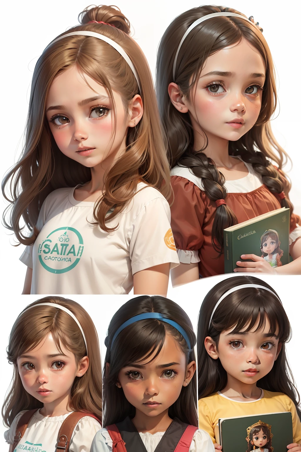 garota, pele castanha clara, various poses and expressions on white background, Children's book illustration style, simples, 6 anos, Cores, Cabelos castanhos escuros longos e lisos, olhos castanhos escuros, vestido da princesa, without a hat, sem livro, without glasses, sem mochila.