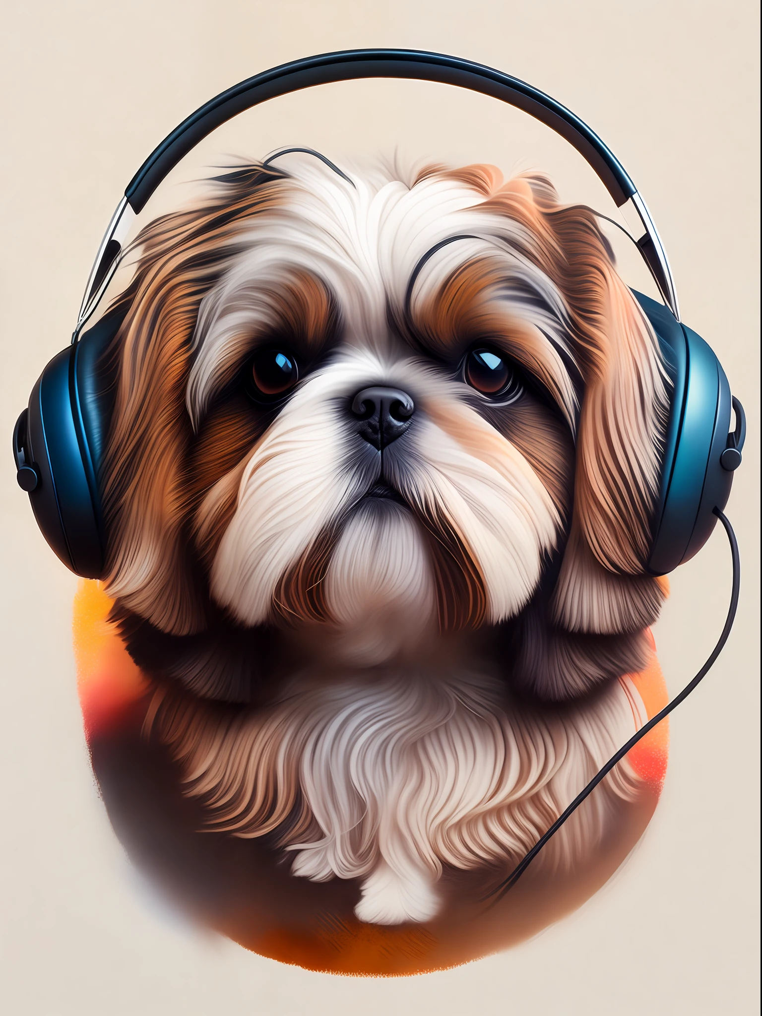 circular design, e-shirt design, shih-tzu with headphone, detailed face, soft and smooth skin, symmetrical, soft lighting, concept art, digital painting, hyper-detailed painting, complex, amazing details, highly detailed, intricate details, realistic, multiple views, white light background, colorful