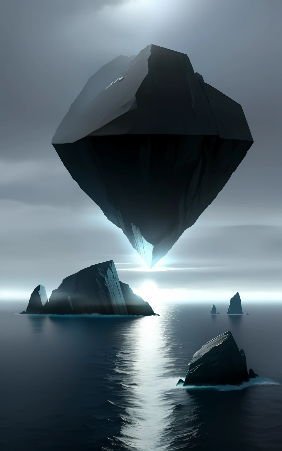 two huge rocks in the middle of the ocean, they are parallel like a gate, and there is dense fog around, no sunlight