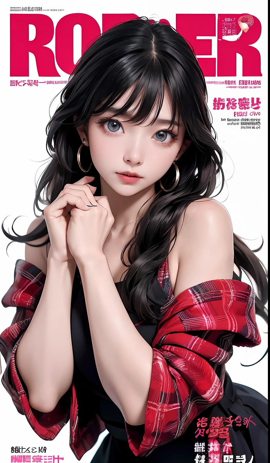 Best quality, Works of masters, A high resolution, 1girll, Super beautiful face, super beautiful eye, Super beautiful hair，Trendy outfits，MagazineCover，Sexy and charming，Color explosion，Black color hair，Large hairpins，full bodyesbian，Squatted