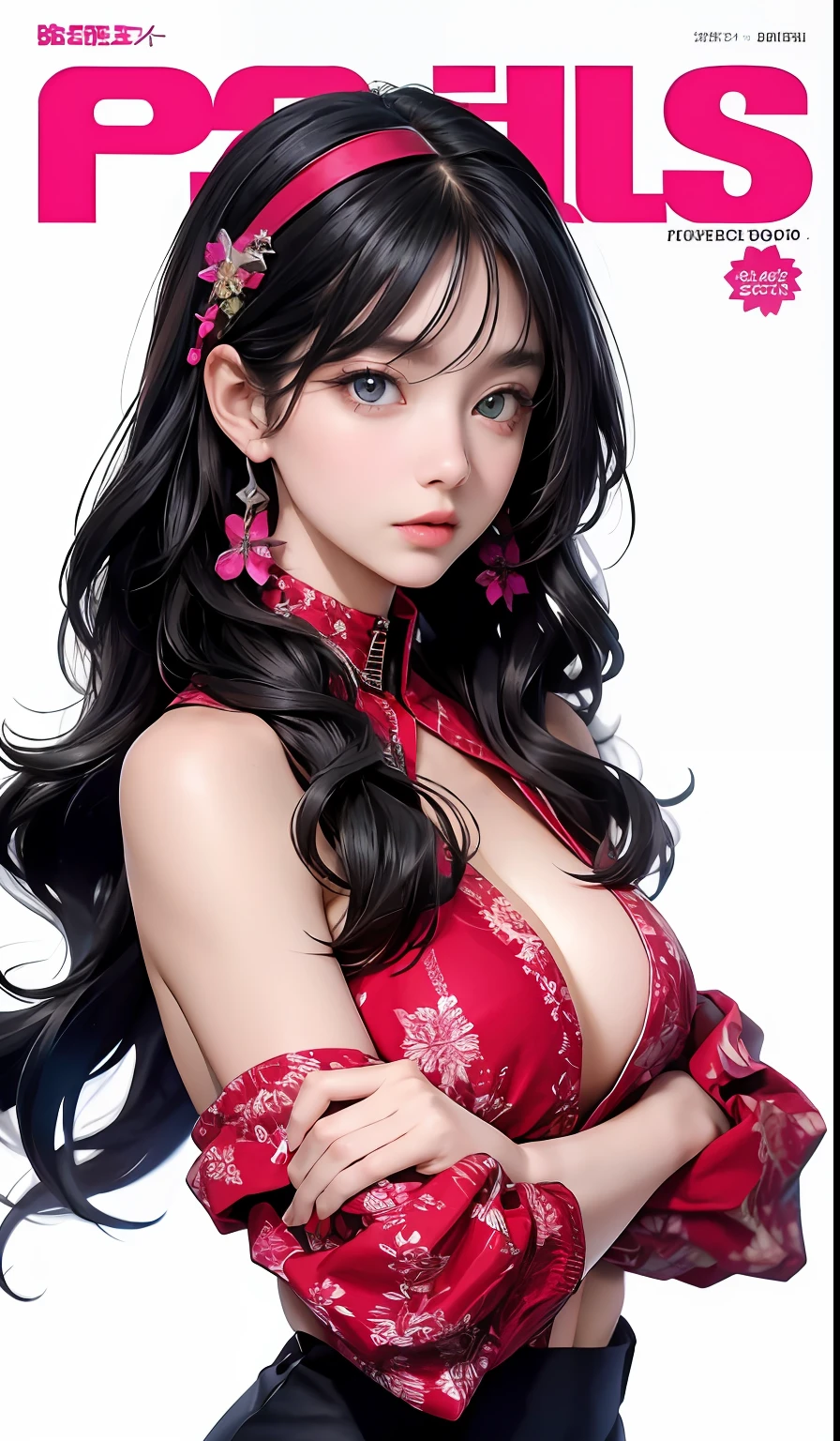 Best quality, Works of masters, A high resolution, 1girll, Super beautiful face, super beautiful eye, Super beautiful hair,Trendy outfits,MagazineCover,Sexy and charming,Color explosion,Black color hair,Large hairpins,full bodyesbian,Squatted