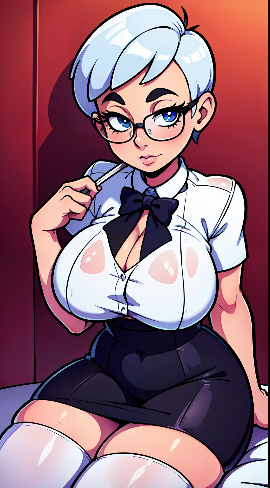 Sitting, white glasses, short white hair, touching chest, (8k, RAW photo, photorealistic:1.25) ,( lip gloss, eyelashes, glossy face, shiny skin, best quality, super high resolution, depth of field, Chromatic aberration, caustics, wide light, natural shadows, Kpop idol) looking at the viewer with serenity and goddess-like bliss, full body, big breasts, white underwear, black stockings, see-through shirt, white shirt, secretary