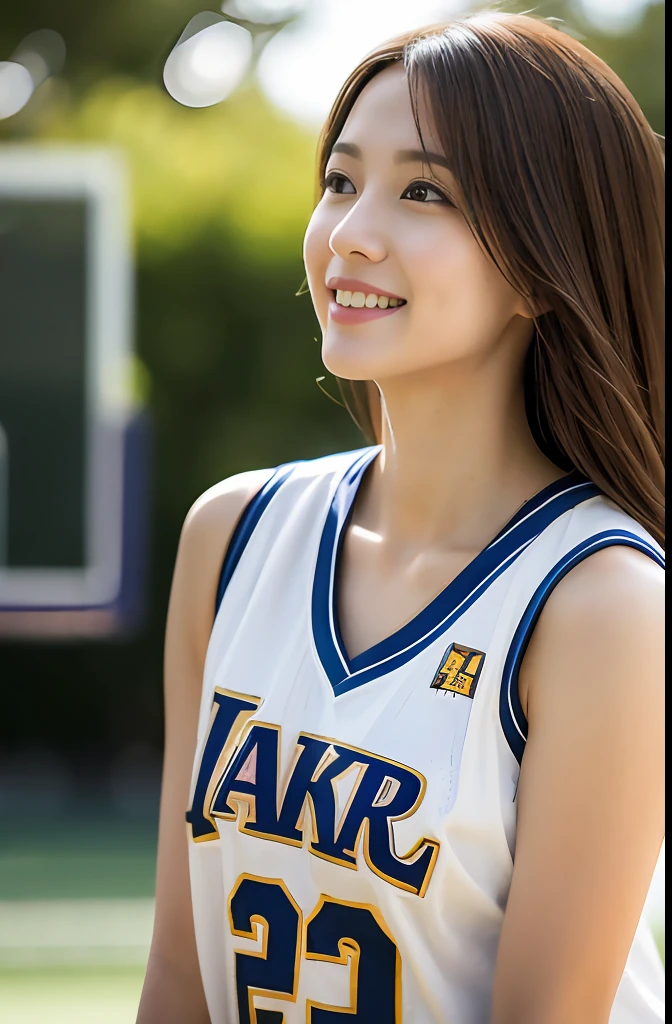 (8K,best qualtiy,tmasterpiece:1.2),(realisticlying,realisticlying:1.37),ultra - detailed,profesional lighting,basketball playground,Clear focus,rays of sunshine,1girll,美丽detailed eyes,A detailed eye, 二重まぶた,lewd poses,a narrow waist,V-neck basketball uniform,brown hair,messy hair,Long hair flutters in the wind,huge tit:1.2,Raised sexy,Titillating,Japan Woman,Realist women,Highly detailed facial and skin texture,