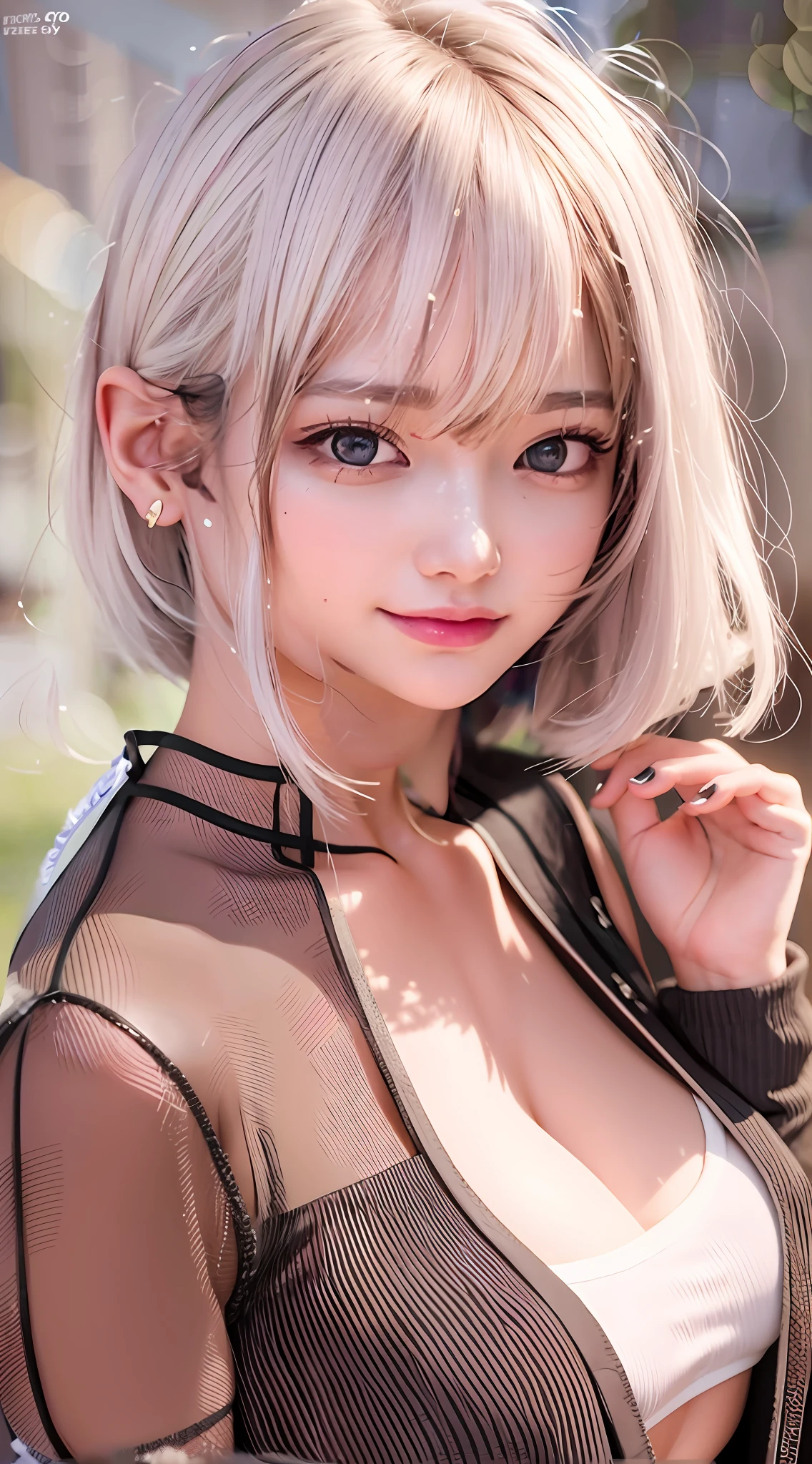 white hair、Black camisole