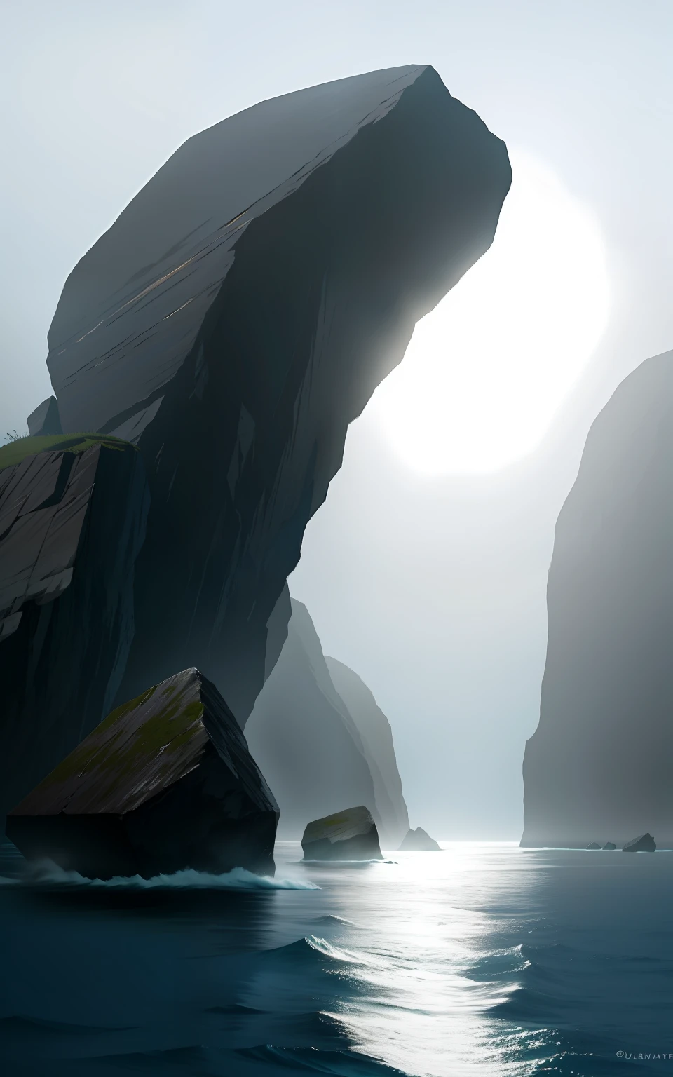 two huge rocks in the middle of the ocean, they are parallel like a portal, and there is a dense fog around, no sunlight