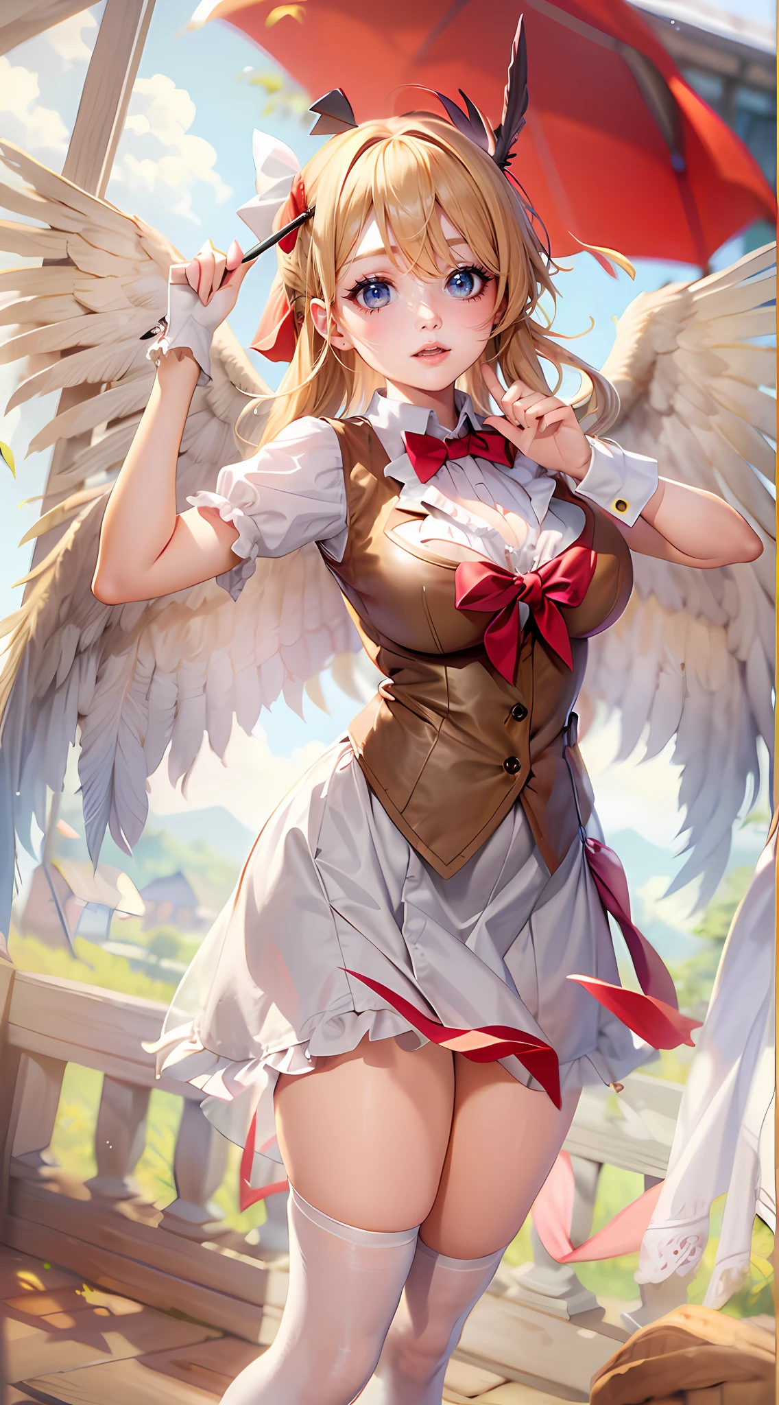 (Masterpiece),Best quality, Expressive eyes, Perfect face, 1girll,
big breast, H-cup, Good breasts, Beautiful, Gorgeous,anime big breast,Girl,the lora, floating clothes, Tent box ,
Visible through clothes,Flandre Scarlet,
1girll,Blonde hair,mob cap,Hair Bow,neck bowtie,Side ponytail,Wings,Short sleeves,vest,ascot,1 wing,1 pair of wings,W Seated, W sat on the ground, Legs on the ground, chest grabbed,Hand on chest