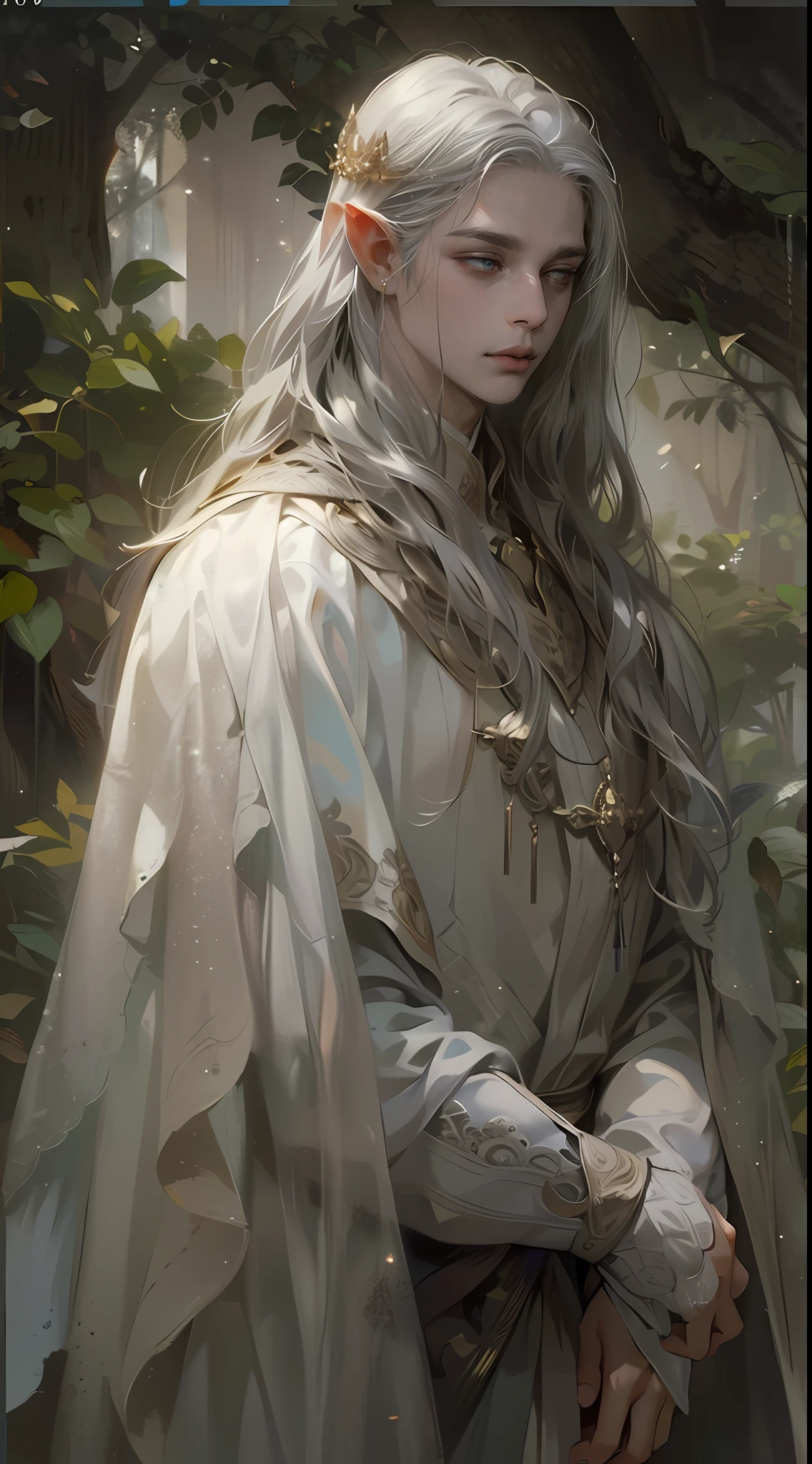 (tmasterpiece, high resolution, ultra - detailed:1.0), (1 boy, Young male:1.3), Perfect male body, (Elf King:1.3), Adult male, Delicate eyes and delicate face, Extremely detailed CG, 8K wallpaper, Complicated details, solo person, Detailed face, (Sprite theme:1.2), (half closed eyes, Silver eyes, Eyes looking at the camera, Handsome face, sliver long hair, Silver silk robe, jewelry, River canopy, Show forehead), Elf costumes, forest, Flowers and trees, Natural light and shadow, color difference, Depth of field, dramatic shadow, Ray tracing, Best quality, Cinematic lighting, offcial art, Portrait