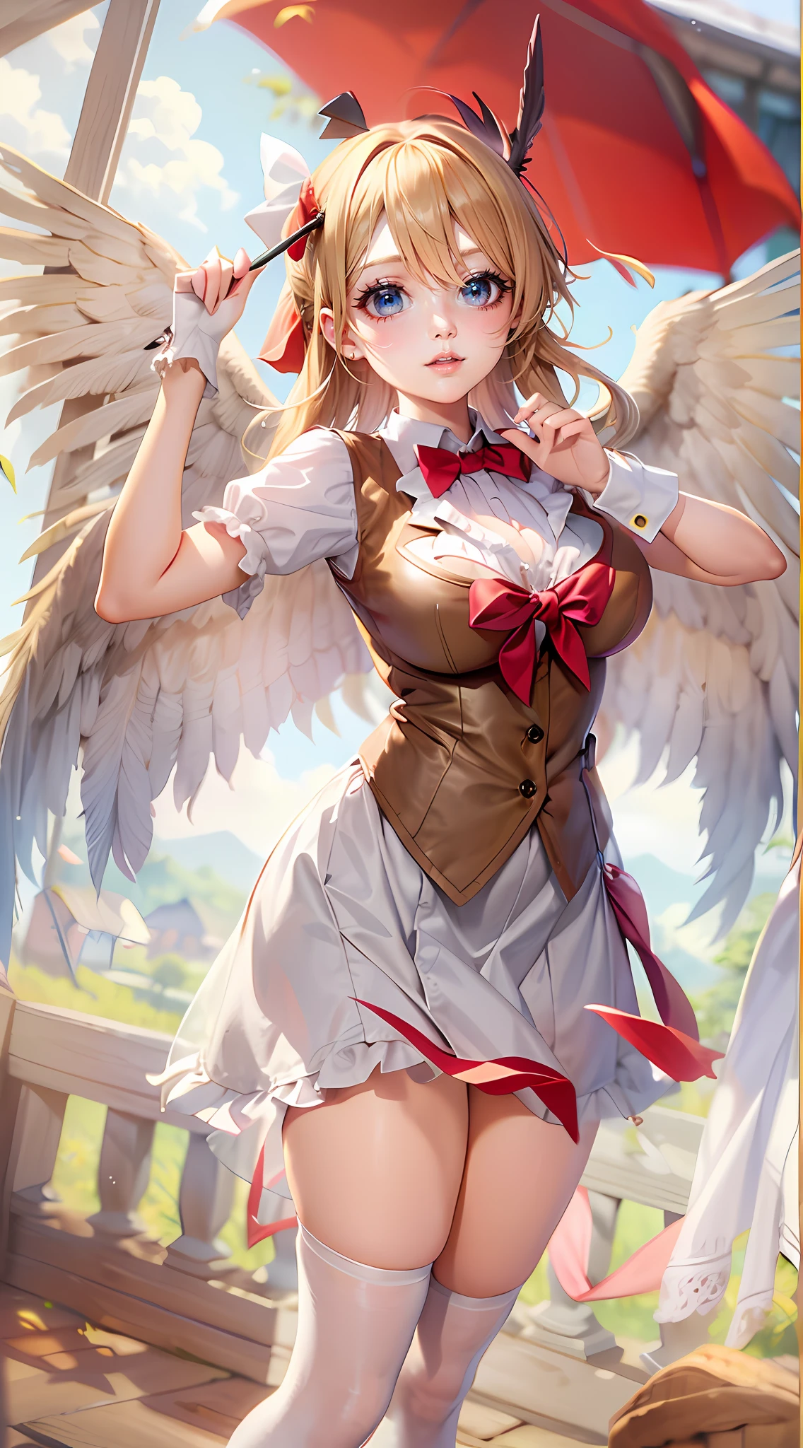(Masterpiece),Best quality, Expressive eyes, Perfect face, 1girll,
big breast, H-cup, Good breasts, Beautiful, Gorgeous,anime big breast,Girl,the lora, floating clothes, Tent box ,
Visible through clothes,Flandre Scarlet,
1girll,Blonde hair,mob cap,Hair Bow,neck bowtie,Side ponytail,Wings,Short sleeves,vest,ascot,1 wing,1 pair of wings,W Seated, W sat on the ground, Legs on the ground, chest grabbed,Hand on chest