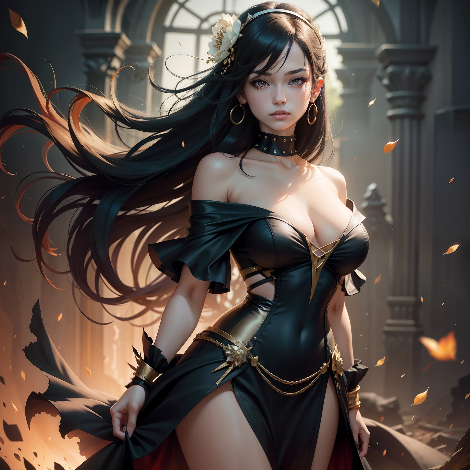 yor briar, (photorealistic), beautiful girl, 

backlighting, bare shoulders, black background, black dress, black gloves, black hair, breasts, closed mouth, cowboy shot, dress, earrings, expressionless, fingerless gloves, floating hair, gloves, gold earrings, gold hairband, hair flower, hair ornament, hairband, jewelry, large breasts, light particles, long hair, looking at viewer, off-shoulder dress, off shoulder, petals, red eyes, short hair with long locks, sidelocks, solo, spikes, thighs, two-sided dress, two-sided fabric

, ((masterpiece))