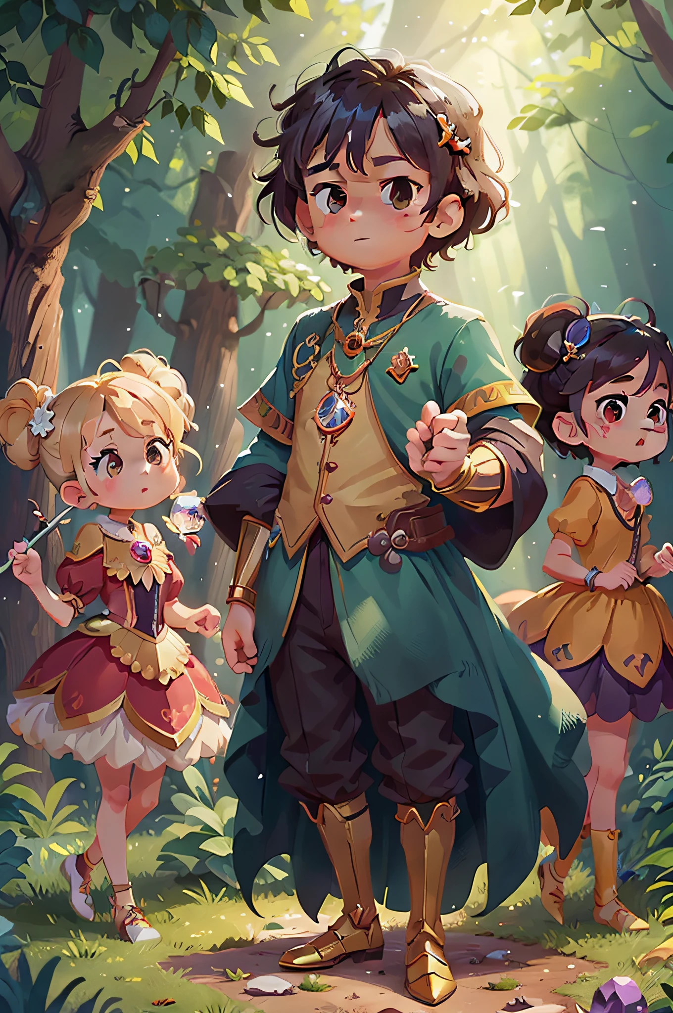 (A series) Cute IP image, full body appearance, four different shapes, two men and two women, both wearing sparkling gemstone decorations, holding wands or magic gemstones, representing the magic and charm of jewelry, With gemstones and jewelry as the main elements of the mascot, this IP image can showcase the characteristics of fantasy, creativity, and vitality, (cute) (simple) (masterpiece: 1.2) (shot) (best quality) (8K) (detail eye).