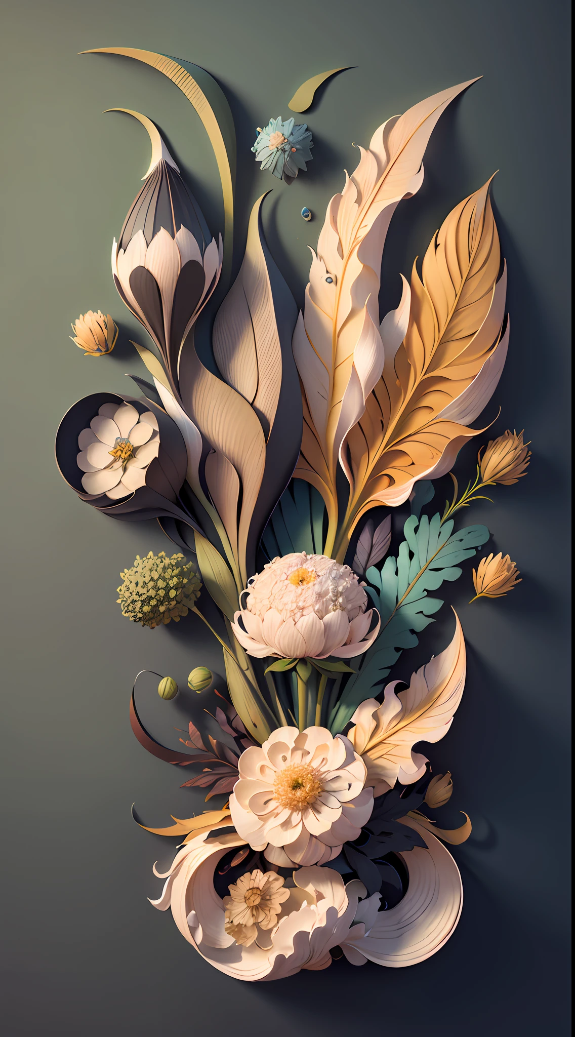 Surrounded by plants and seaweed,3D high relief image, High- sharpness, Seamless, aluminium, Color contrast.