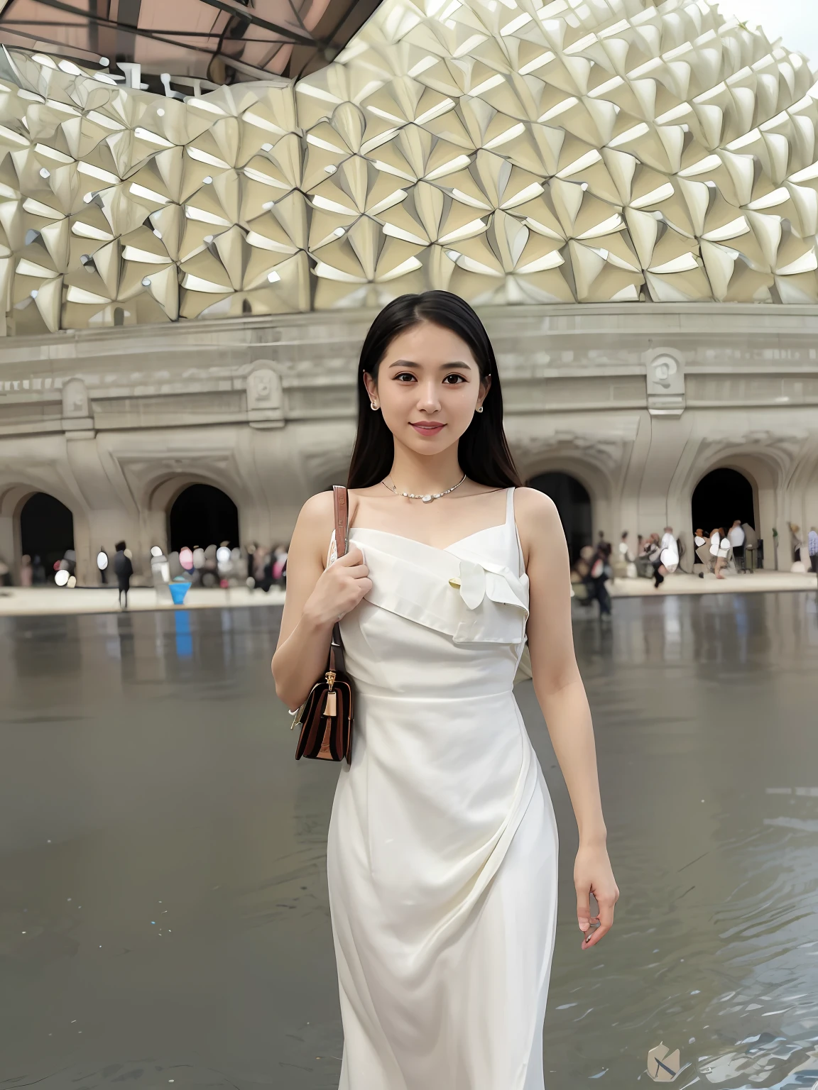 An Araki woman in a white dress stands in front of the building, wenfei ye, xintong chen, 2 , 30 year-old woman, 3 0 years old woman, Zhang Wanting, chengyou liu, wenjun lin, 2 9 years oldngchen shen, xue han, jinyiwei, xision wu