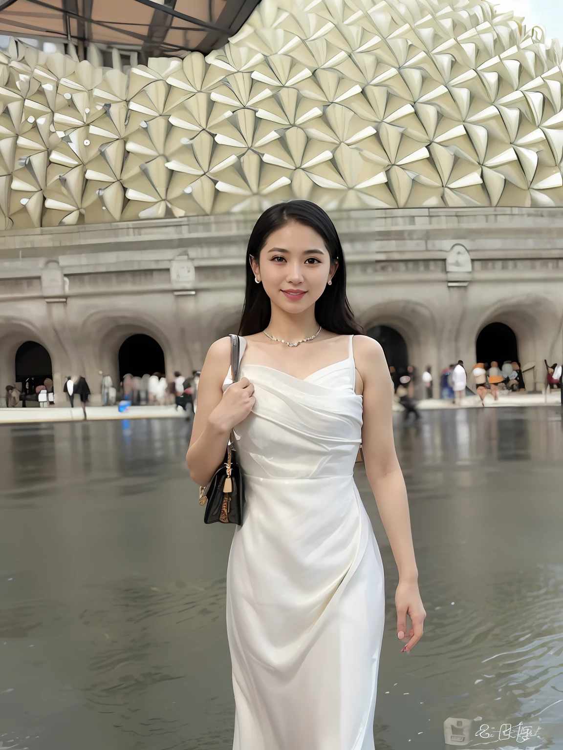 An Araki woman in a white dress stands in front of the building, wenfei ye, xintong chen, 2 , 30 year-old woman, 3 0 years old woman, Zhang Wanting, chengyou liu, wenjun lin, 2 9 years oldngchen shen, xue han, jinyiwei, xision wu