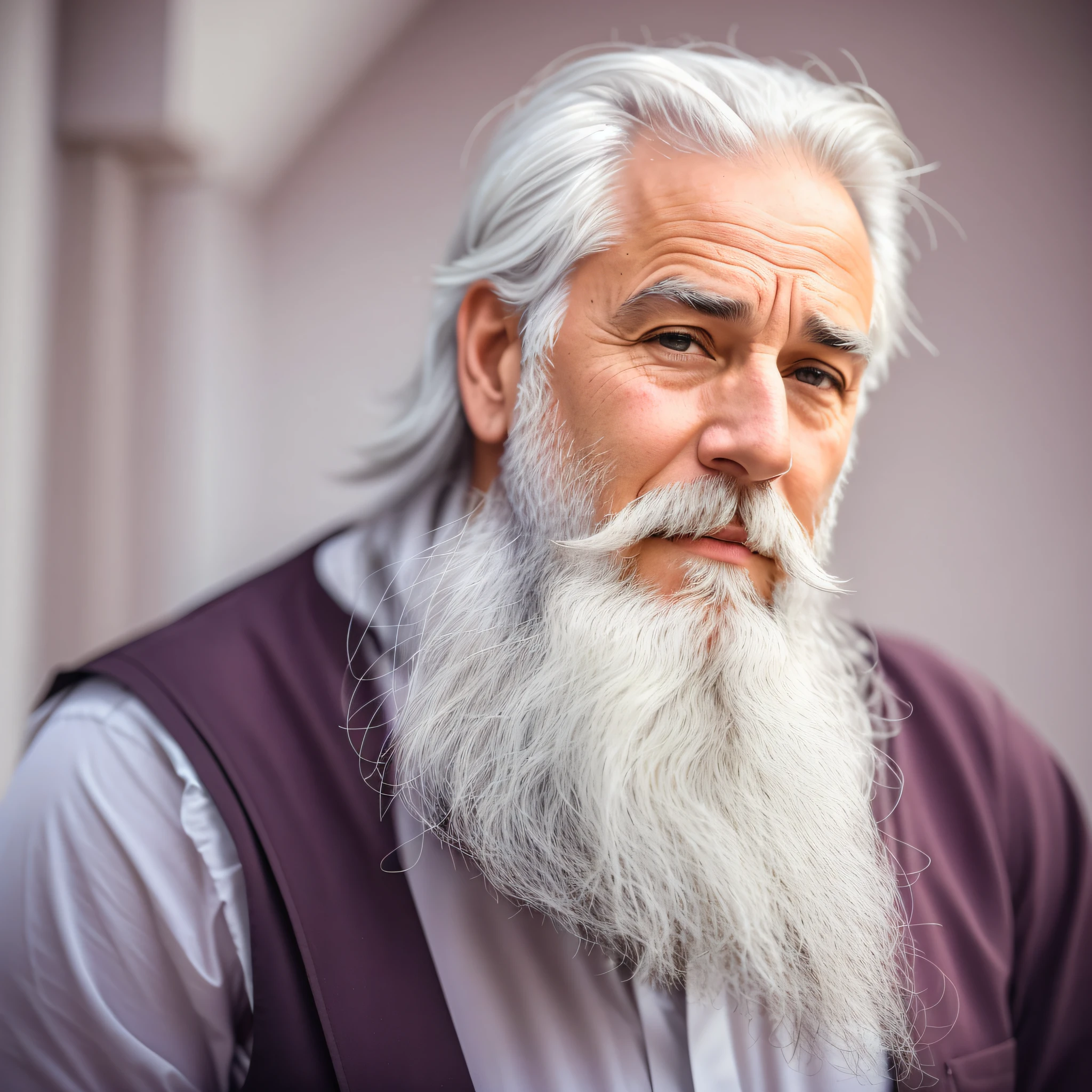 there is a man with a long white beard and a vest, barba e cabelo brancos arrumados, longos cabelos brancos e barba branca, longos cabelos brancos e barba, cabelos brancos e barba branca, longa barba branca, cabelos e barba brancos, barba e cabelo brancos muito longos, barba branca completa, barba branca curta, barba branca, cabelos grisalhos e barba --- sorrindo