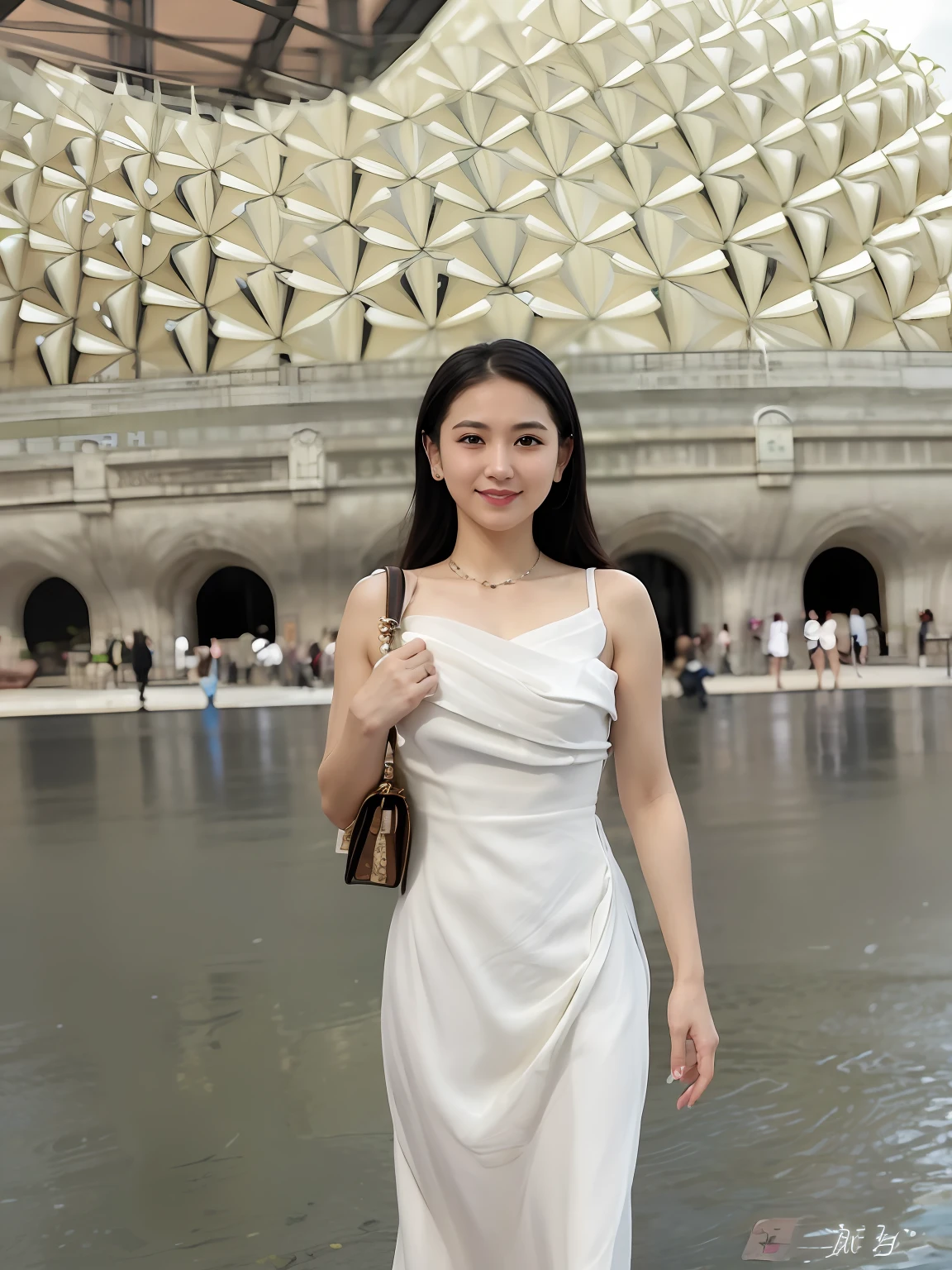 An Araki woman in a white dress stands in front of the building, wenfei ye, xintong chen, 2 8 years old, 30 year-old woman, 3 0 years old woman, Zhang Wanting, chengyou liu, wenjun lin, 2 9 years old, Lu Ji, mingchen shen, xue han, jinyiwei, xision wu