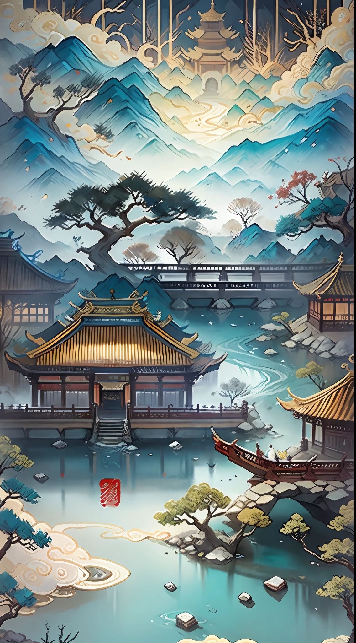 ancient chinese painting, ancient chinese background, mountains, rivers, trees, auspicious clouds, pavilions, small bridges, cyan on background, masterpiece, super detail, epic composition, ultra hd, high quality, extremely detailed, official art, unified 8k wallpaper, super detail, 32k -- v 6