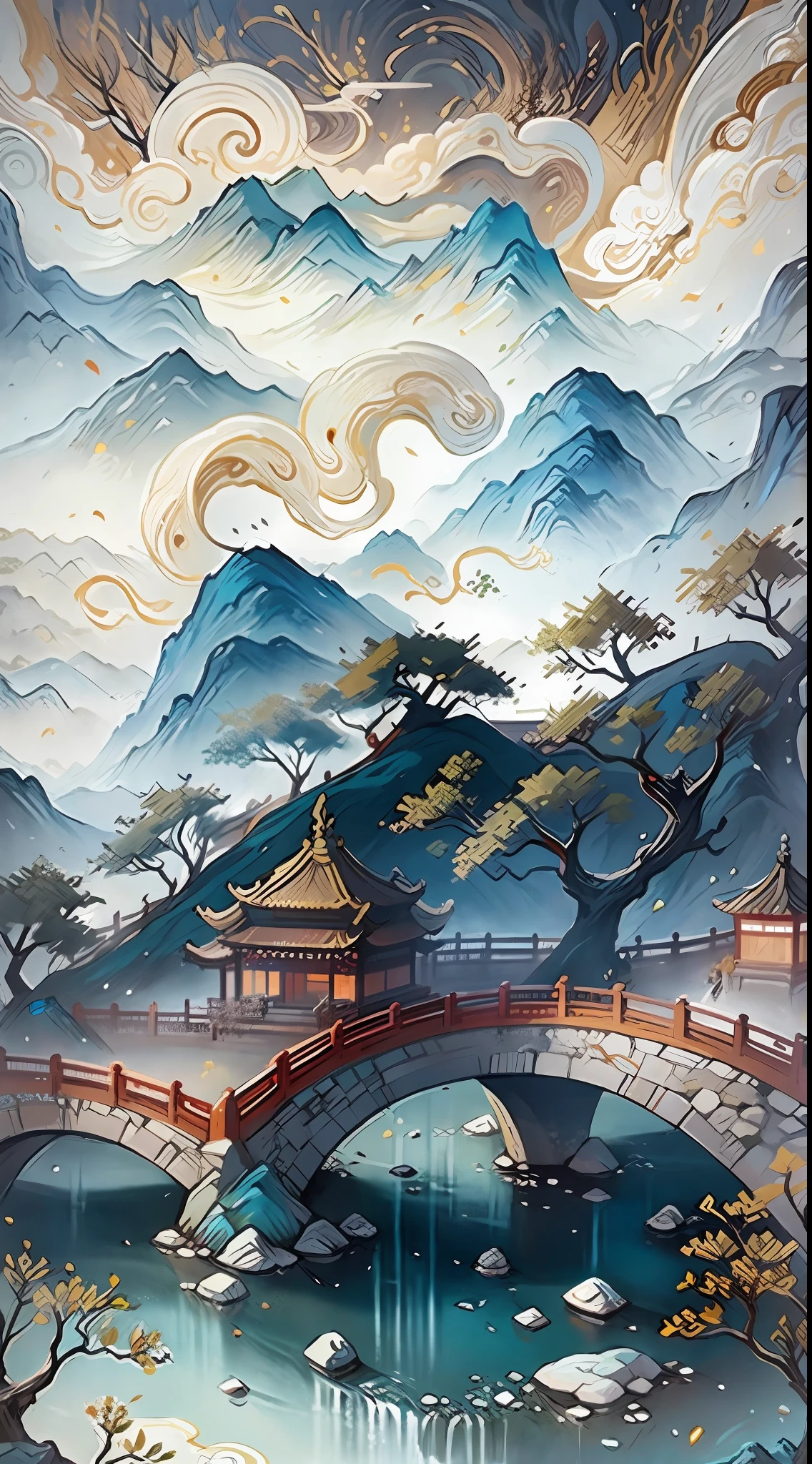 ancient chinese painting, ancient chinese background, mountains, rivers, trees, auspicious clouds, pavilions, small bridges, cyan on background, masterpiece, super detail, epic composition, ultra hd, high quality, extremely detailed, official art, unified 8k wallpaper, super detail, 32k -- v 6