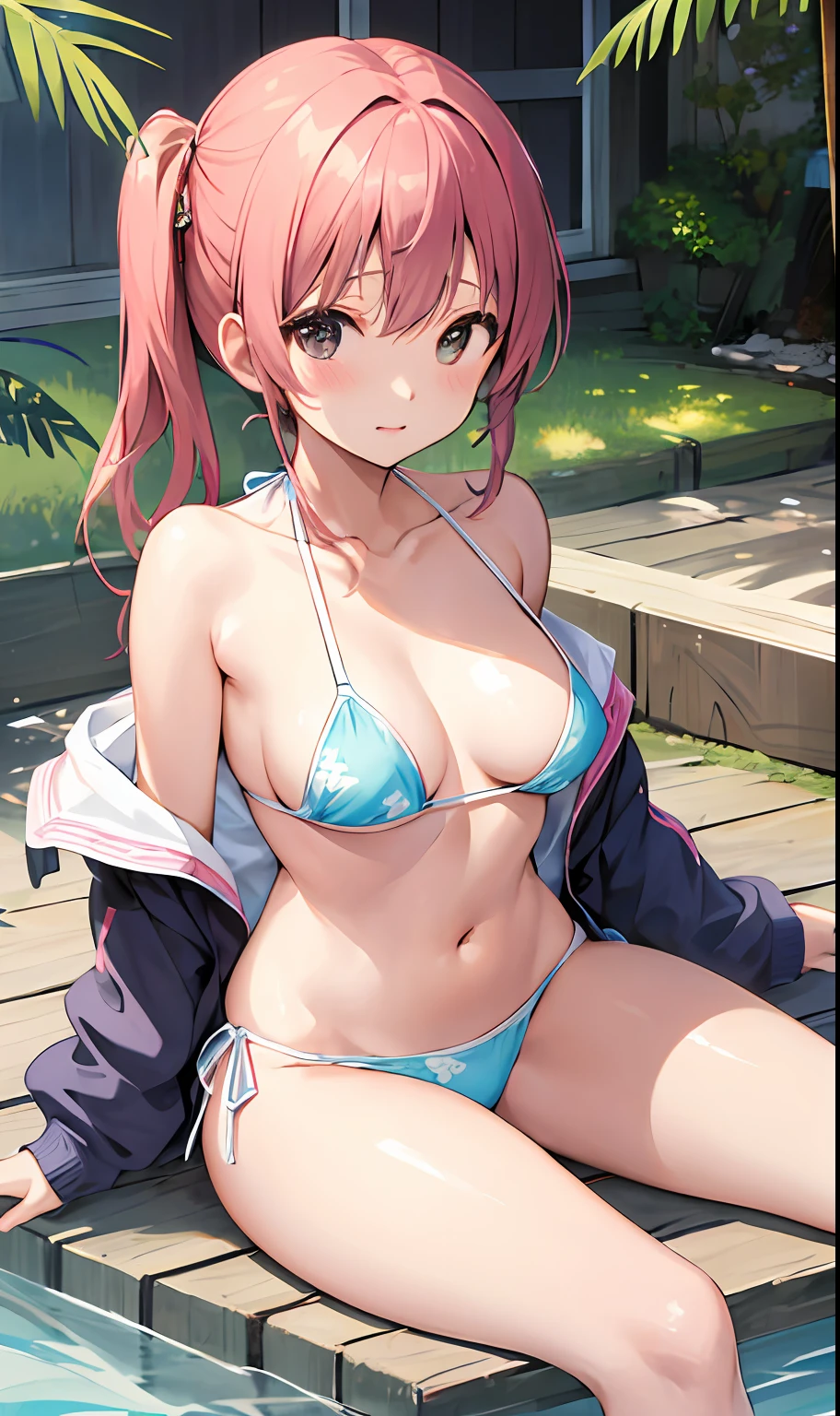 The human、girl with、maikurobikini、The bikini、cute little、tits out、out、Beautiful breasts、a bed