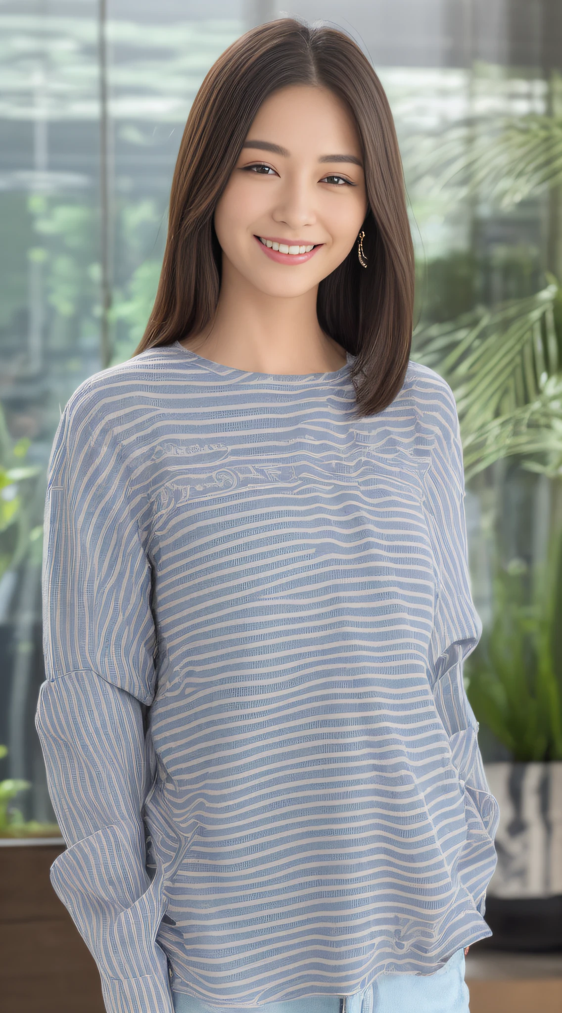 ((top-quality、8K、masterpiece:1.3))、sharp:1.2、Perfect Body Beauty:1.4、Slim abs:1.2、Big、Beautiful face、A smile、((Soft Color Casual Wear、Striped pattern:1.3))、(aquariums:1.2)、Straight hair、Highly detailed facial and skin texture、A detailed eye、Aspect of looking at the camera、Beautiful feet