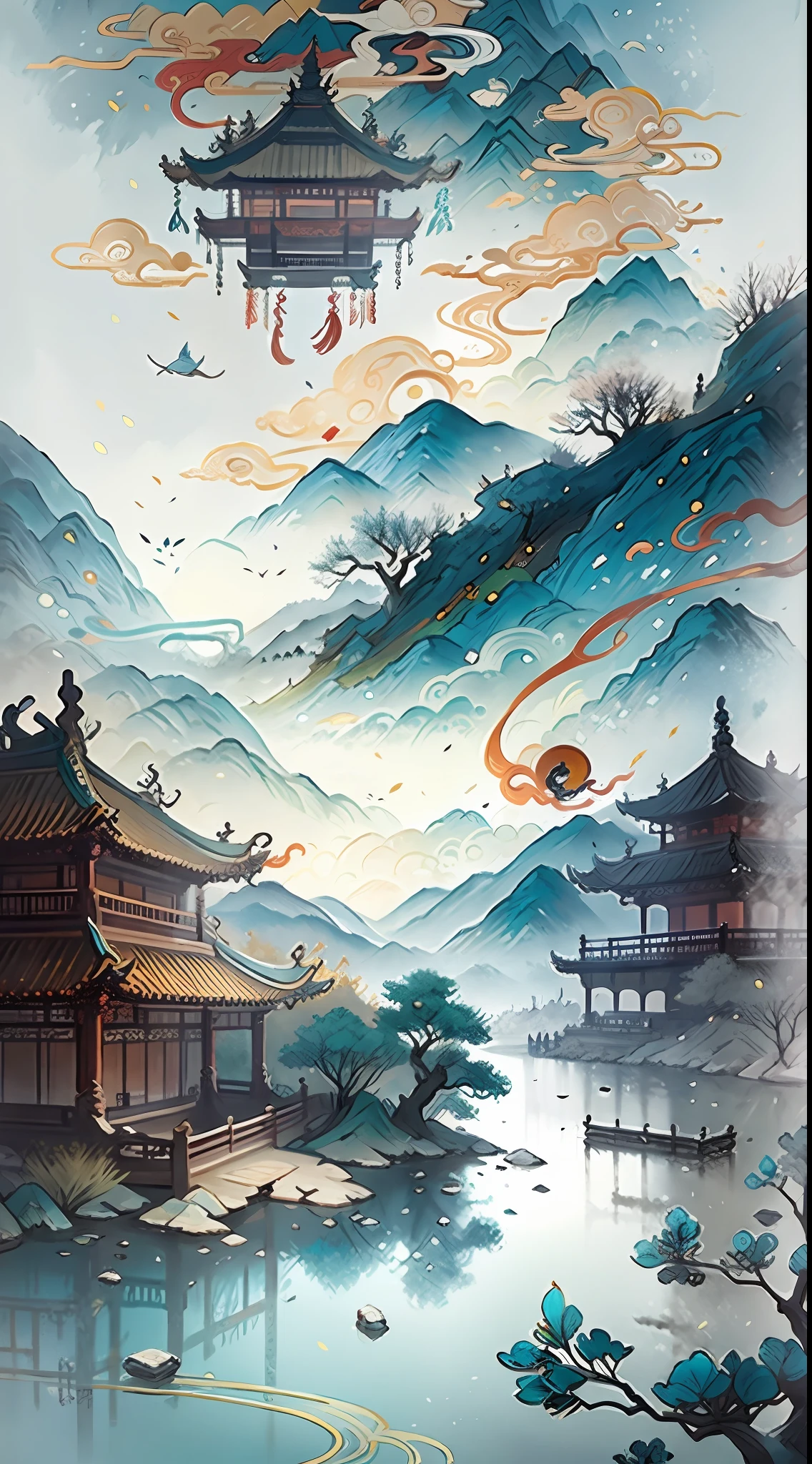 ancient chinese painting, ancient chinese background, mountains, rivers, trees, auspicious clouds, pavilions, small bridges, cyan on background, masterpiece, super detail, epic composition, ultra hd, high quality, extremely detailed, official art, unified 8k wallpaper, super detail, 32k -- v 6