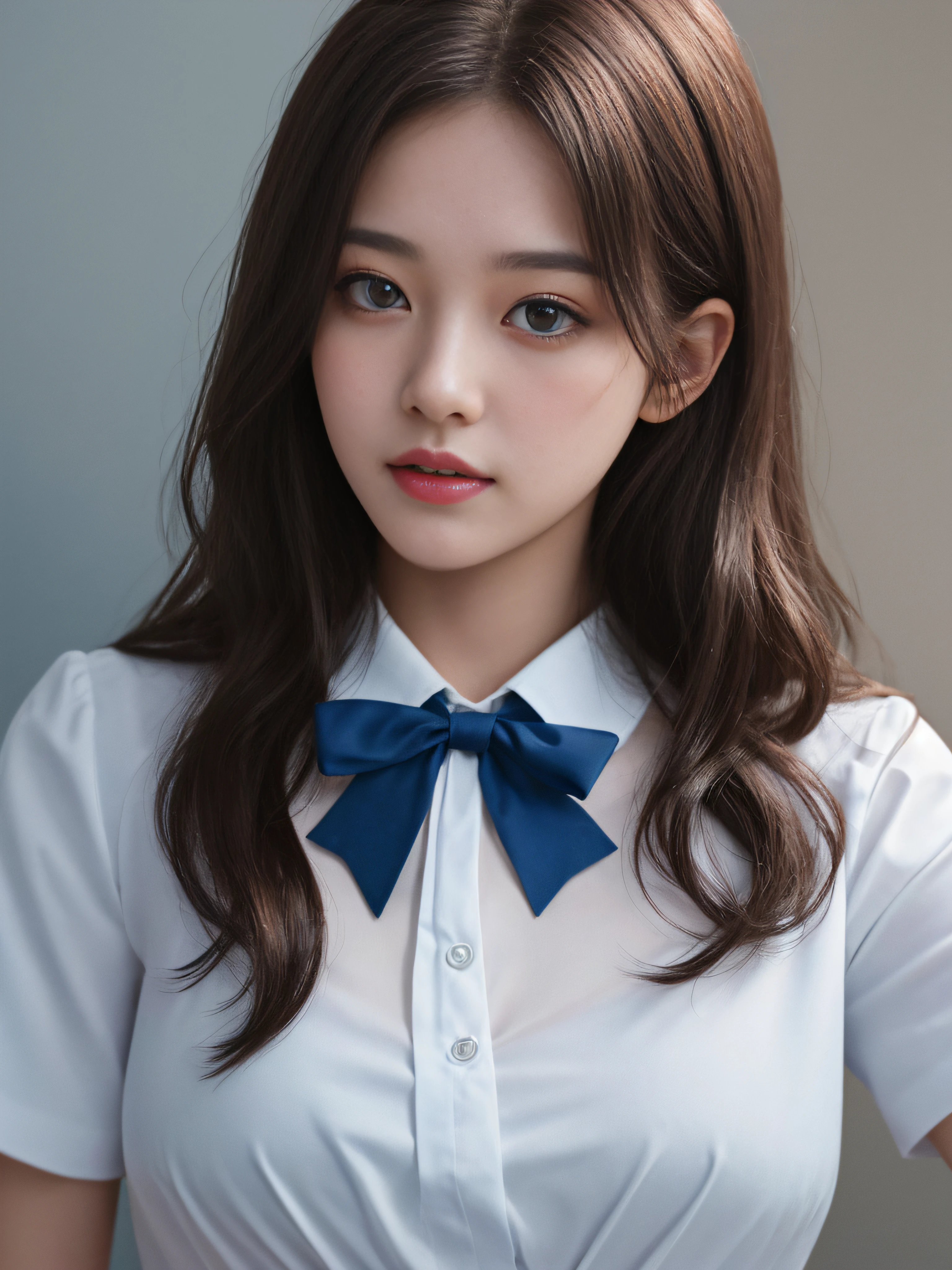 Full body portrait of a stunningly beautiful student girl without make-up, 17 years old, school uniform, white v-neck blouse with lace, blue long skirt with pleats, white stockings, blue bow, extremely detailed light hazel eyes, detailed symmetric realistic face, extremely detailed natural skin texture, peach fuzz, messy hair, masterpiece, absurdres, /(perfect detailed hands, perfect detailed fingers, beautiful face, perfect eyes, perfect detailed beautiful full body illustration), nikon d850 film stock photograph, kodak portra 400 camera f1.6 lens, extremely detailed, amazing, fine detail, rich colors, hyper realistic lifelike texture, dramatic lighting, cinestill 800 tungsten, raw photo, high quality, highres, sharp focus, extremely detailed, cinematic lighting, 8k uhd