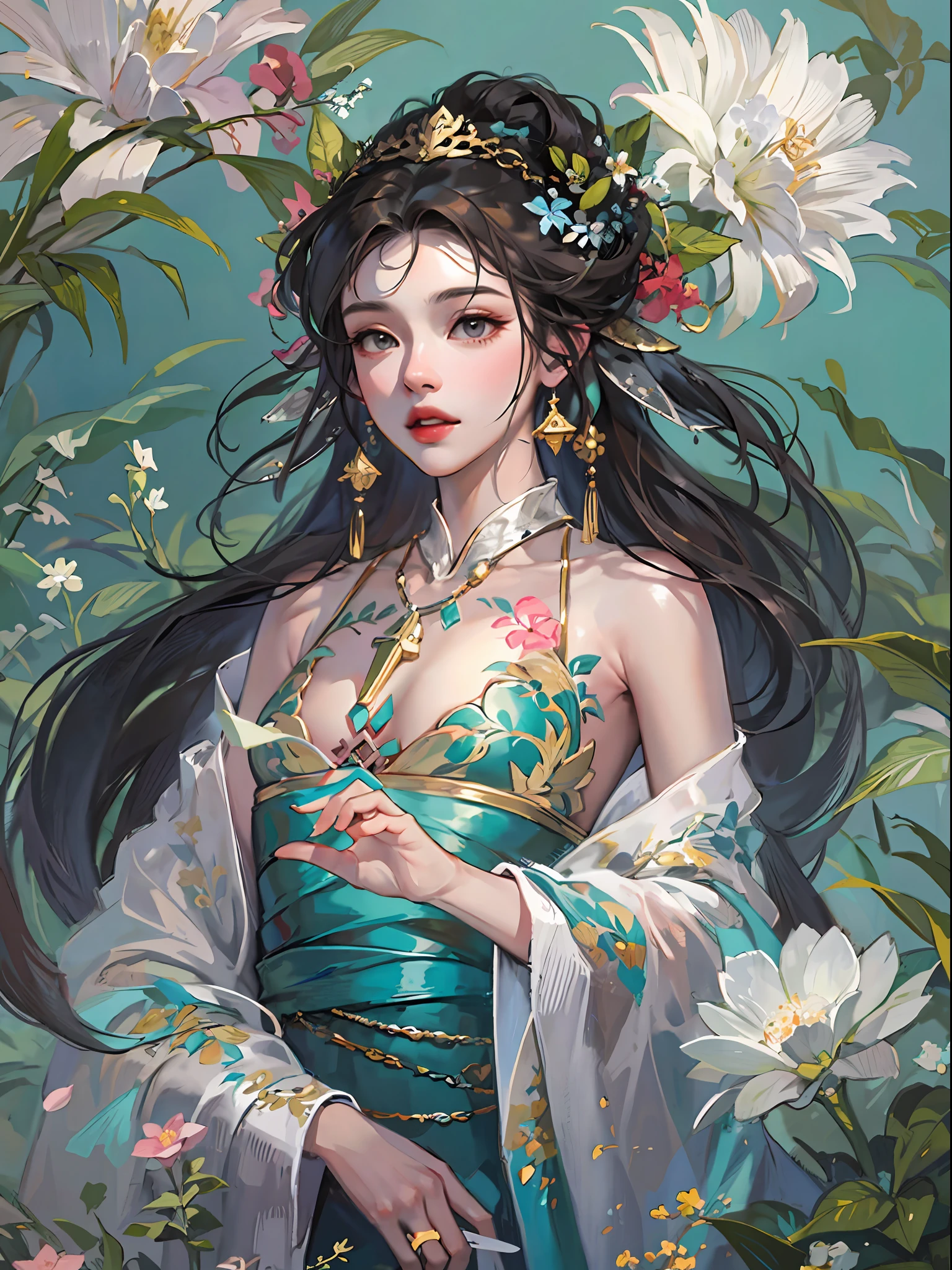 HighestQuali,tmasterpiece:1.2,Detailed details,4K,fairy woman with 4 size chest, with hairstyles and flowers, in the style of influenced by ancient chinese art, subtle realism, he jiaying, dark white and dark aquamarine, Elaborate costumes, Beautiful, with golden brown, purpleish color, dimpled chest, multilayered realism