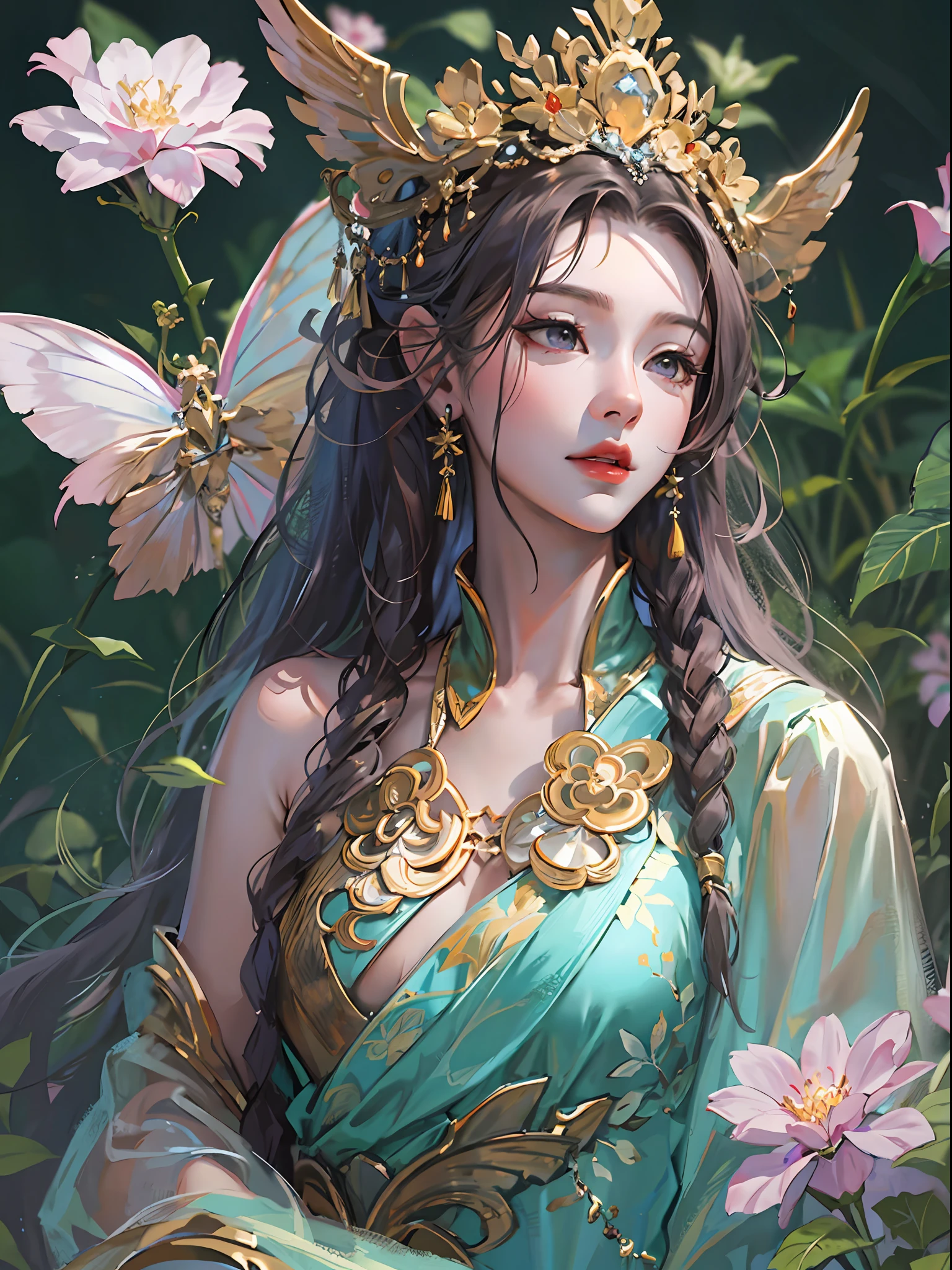 HighestQuali，tmasterpiece：1.2，Detailed details，4K，fairy woman with 4 size chest, with hairstyles and flowers, in the style of influenced by ancient chinese art, subtle realism, he jiaying, dark white and dark aquamarine, Elaborate costumes, Beautiful, with golden brown, purpleish color, dimpled chest, multilayered realism