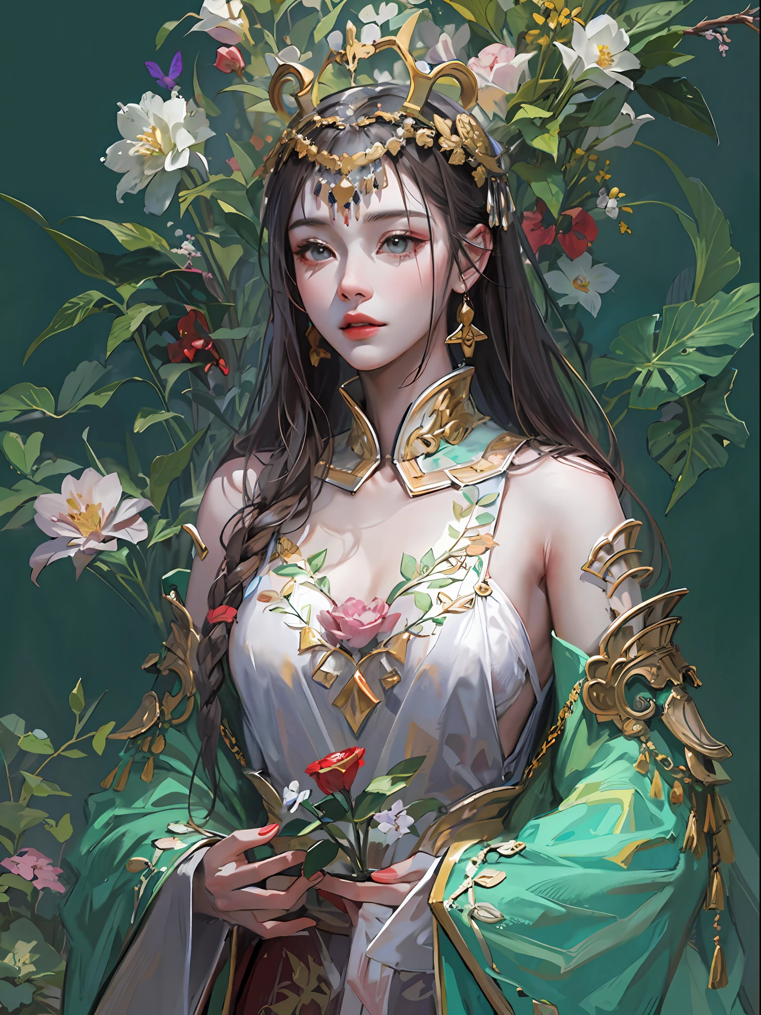 HighestQuali,tmasterpiece:1.2,Detailed details,4K,fairy woman with 4 size chest, with hairstyles and flowers, in the style of influenced by ancient chinese art, subtle realism, he jiaying, dark white and dark aquamarine, Elaborate costumes, Beautiful, with golden brown, purpleish color, dimpled chest, multilayered realism