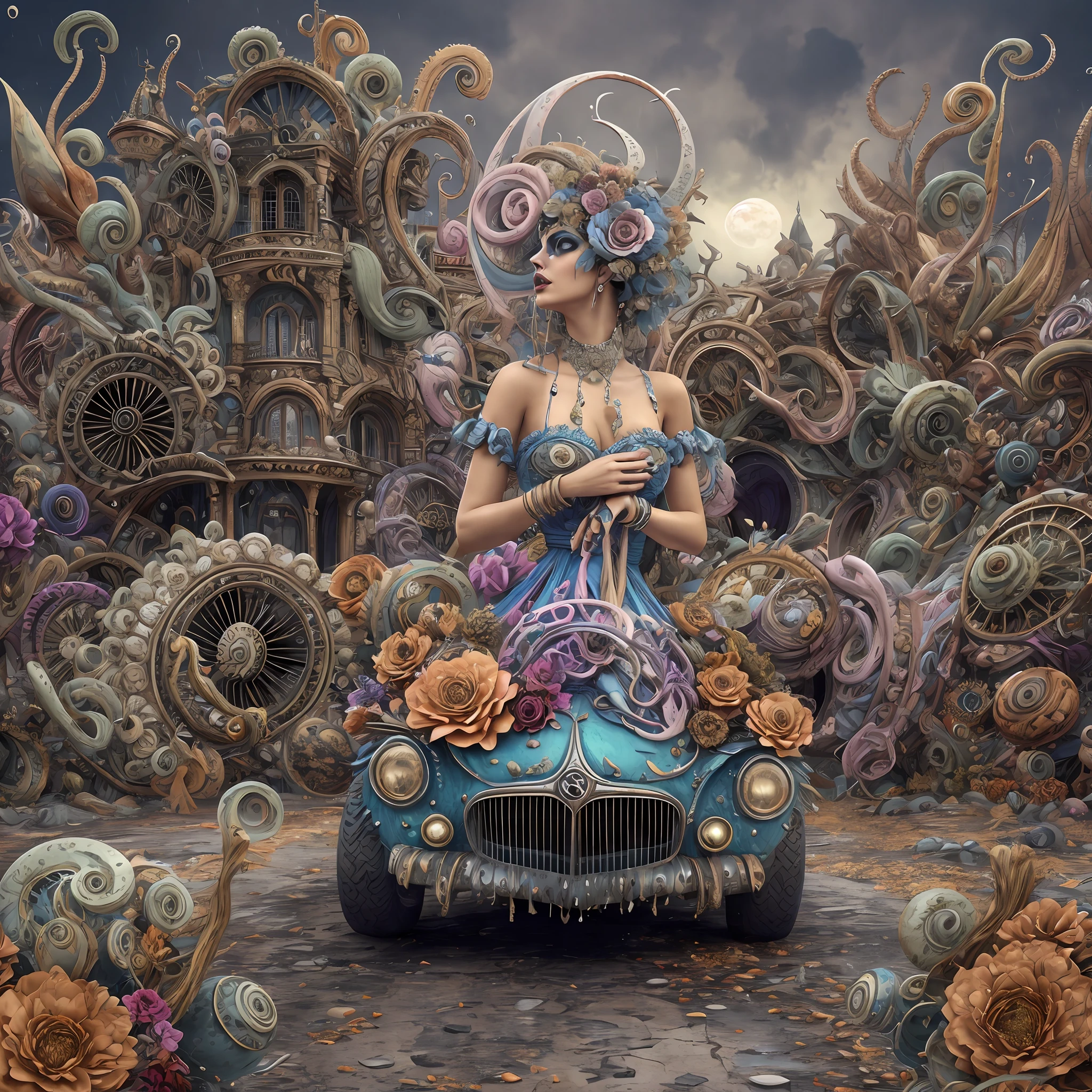 Wantz monster design,intriguing,High color saturation,swirles,Hyper-realistic, Ultra-detailed,Ultra-stereoscopic,MuCoi,Drip style - paint - 1900,tentaculata,round eye,Digital art by Ray Caesar and Hannah Hch and Stephen Burrows, A beautiful young woman in action pose, centered in frame, Wide shot, Lively breasts, Mask, Pop surrealism, neo-dada, Spectacular, spectacle, Masterpiece, Private collection, Featured collections, behans, a 3D render, Cracked clay, Gothic, Bright colors, Supersaturation, Depth, spirals, fibonacci sequence, shells, Flowers, gear wheel, tunnel, surreal environment, Fractal geometry, game assets, City scene, Modern makeup, Long eyelashes, Rain drops, Chiffon dress, Rococo, bangle, Punk rock, Subversive art, Dirty, Dirt, Skiff, Mid-cut jeans, Specular highlights, Pondering, ambient occlusion render, Detailed, Parade Square, ((isoline)), armature, Detailed, elaborate, complex, Desert, Mountains, Cart, The Car, Stormy sky, Moonlight