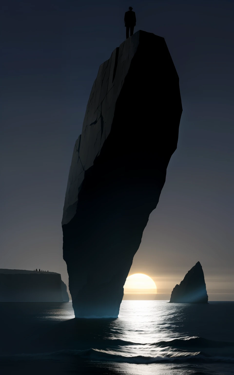 two huge rocks in the middle of the ocean, they are parallel like a portal, and there is a dense fog around, without sunlight, with the silhouette of a man on top of a rock, seen from afar